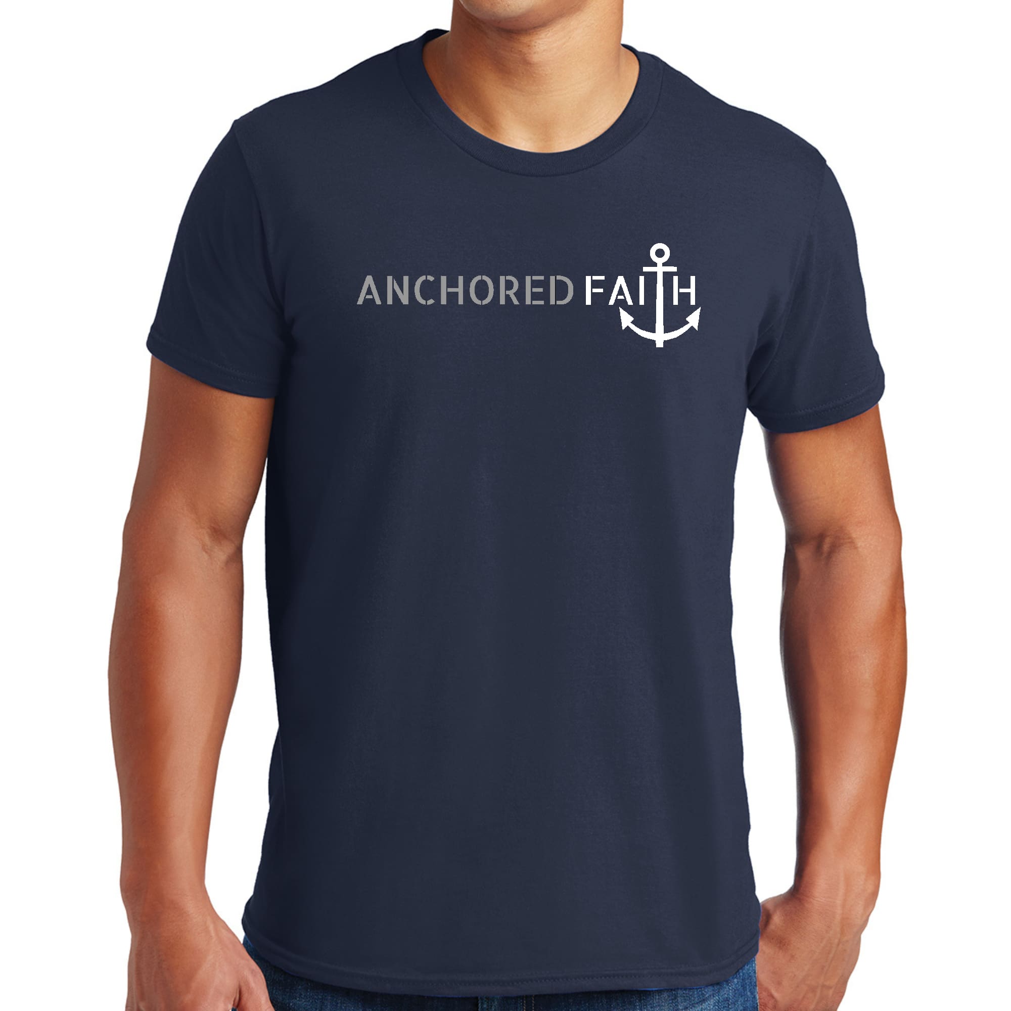 Mens Graphic T-shirt in grey and white featuring the Anchored Faith design, made from soft preshrunk cotton with a classic fit.