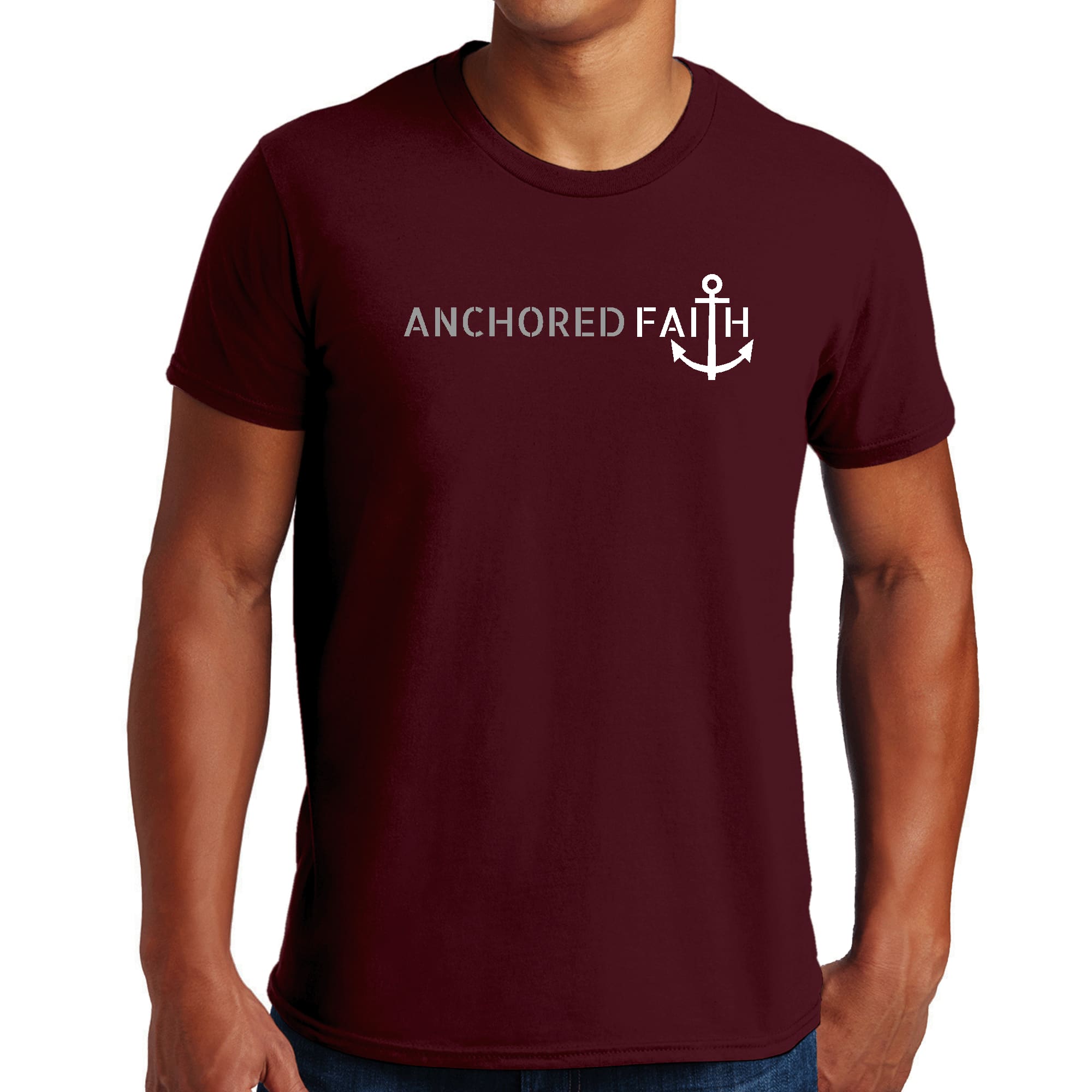 Mens Graphic T-shirt in grey and white featuring the Anchored Faith design, made from soft preshrunk cotton with a classic fit.