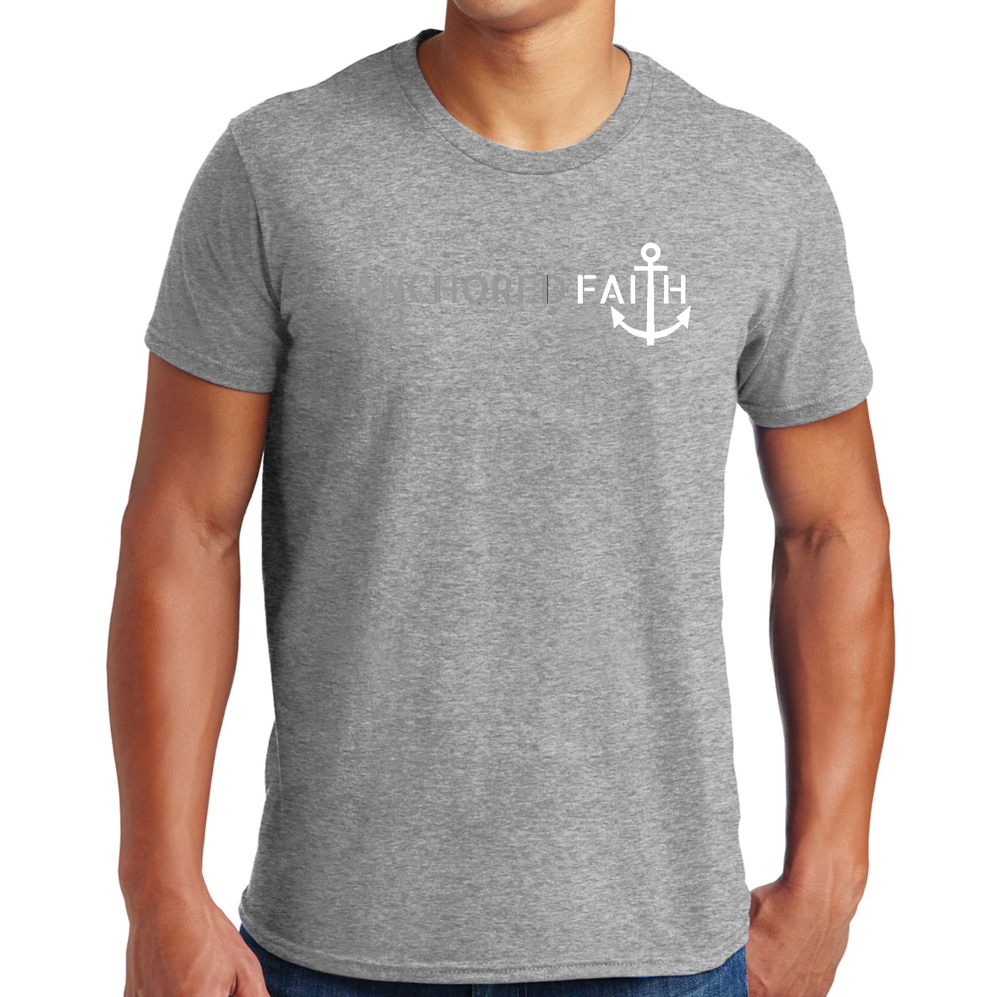 Mens Graphic T-shirt in grey and white featuring the Anchored Faith design, made from soft preshrunk cotton with a classic fit.