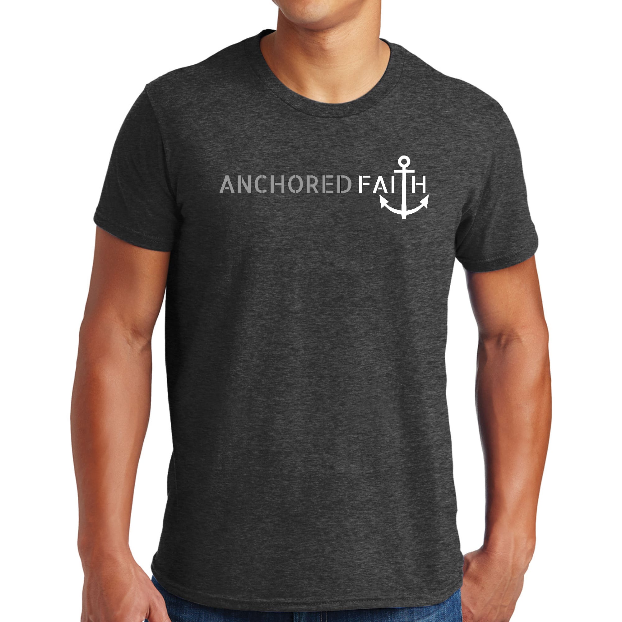 Mens Graphic T-shirt in grey and white featuring the Anchored Faith design, made from soft preshrunk cotton with a classic fit.