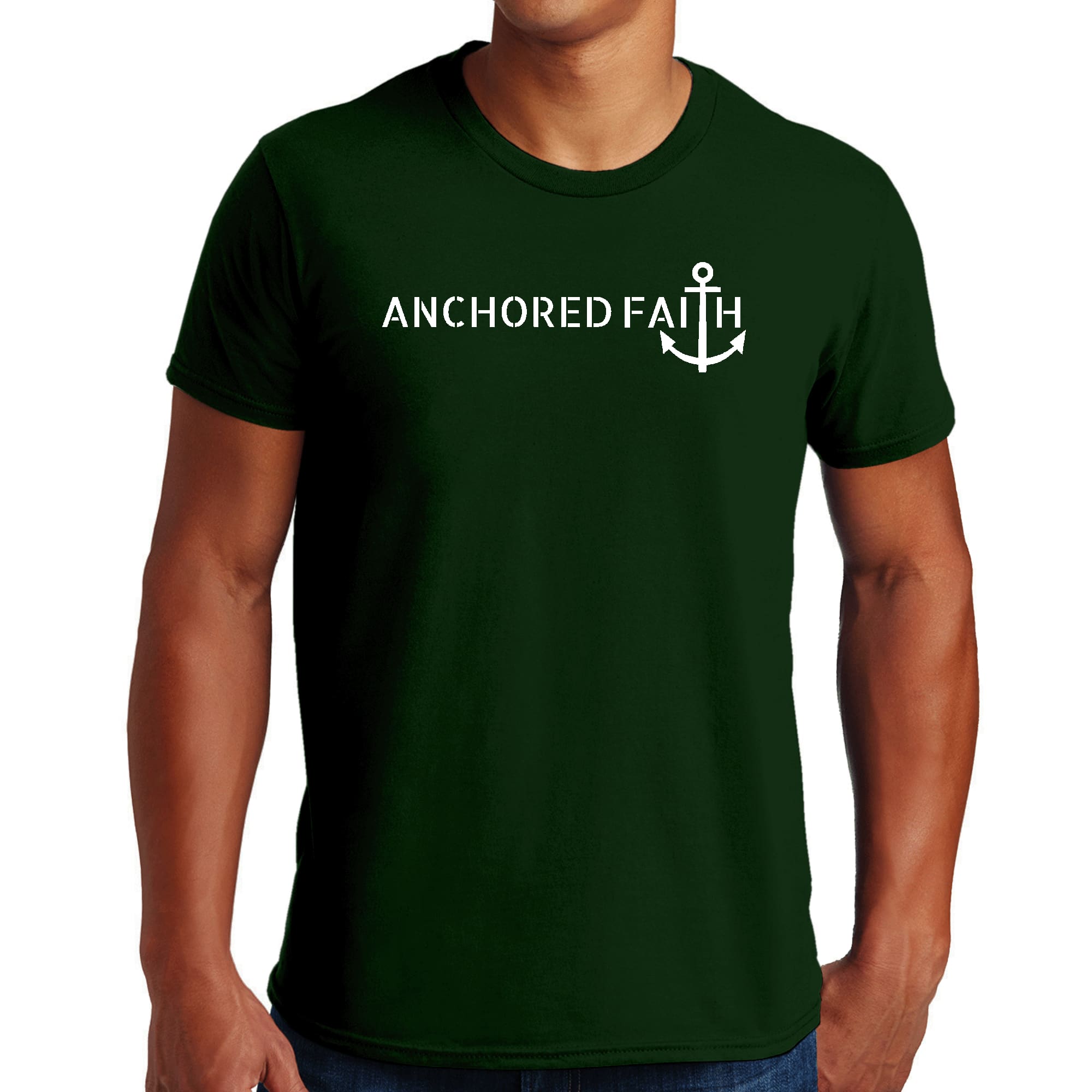 Mens Graphic T-shirt featuring Anchored Faith print, made from soft preshrunk cotton, available in various sizes.