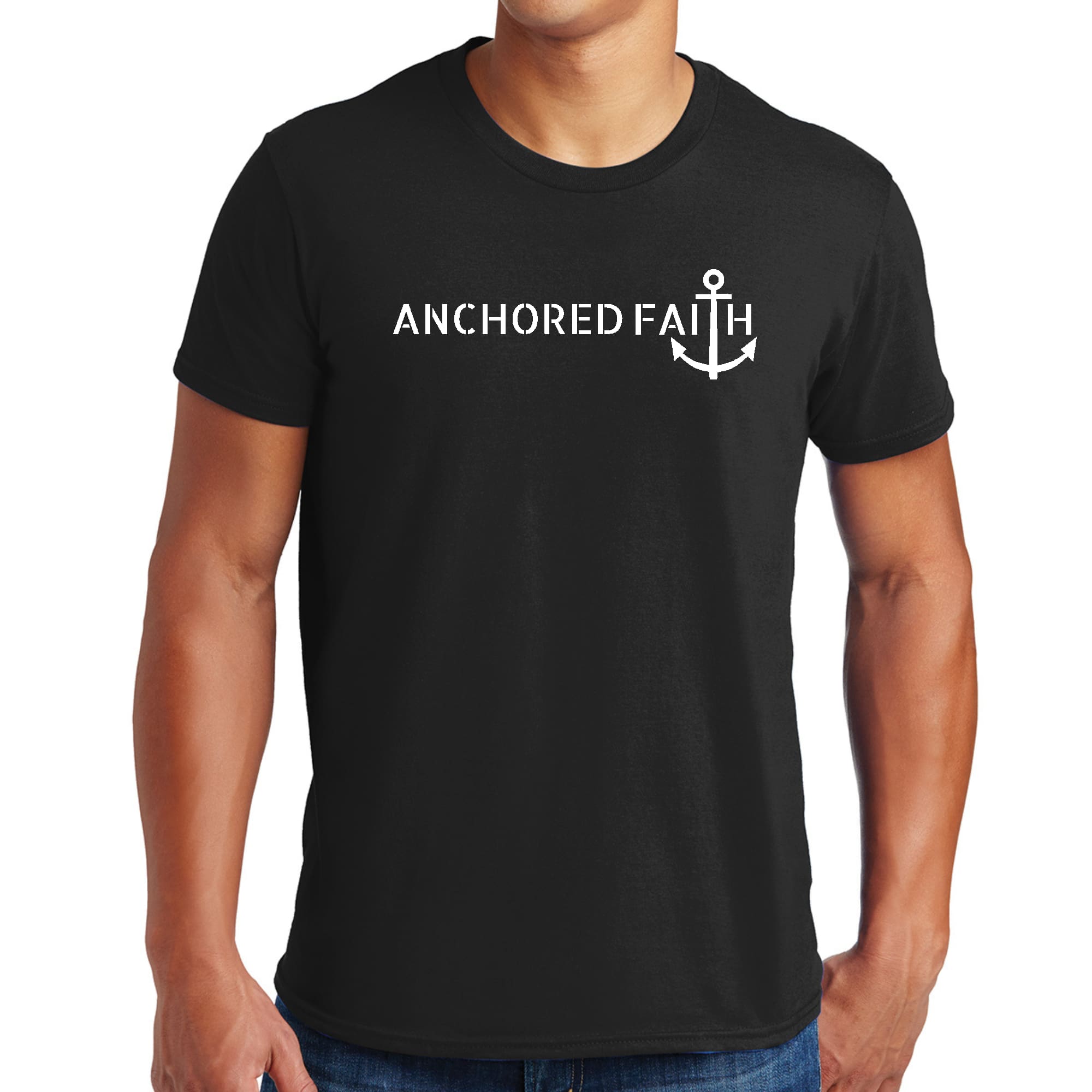 Mens Graphic T-shirt featuring Anchored Faith print, made from soft preshrunk cotton, available in various sizes.