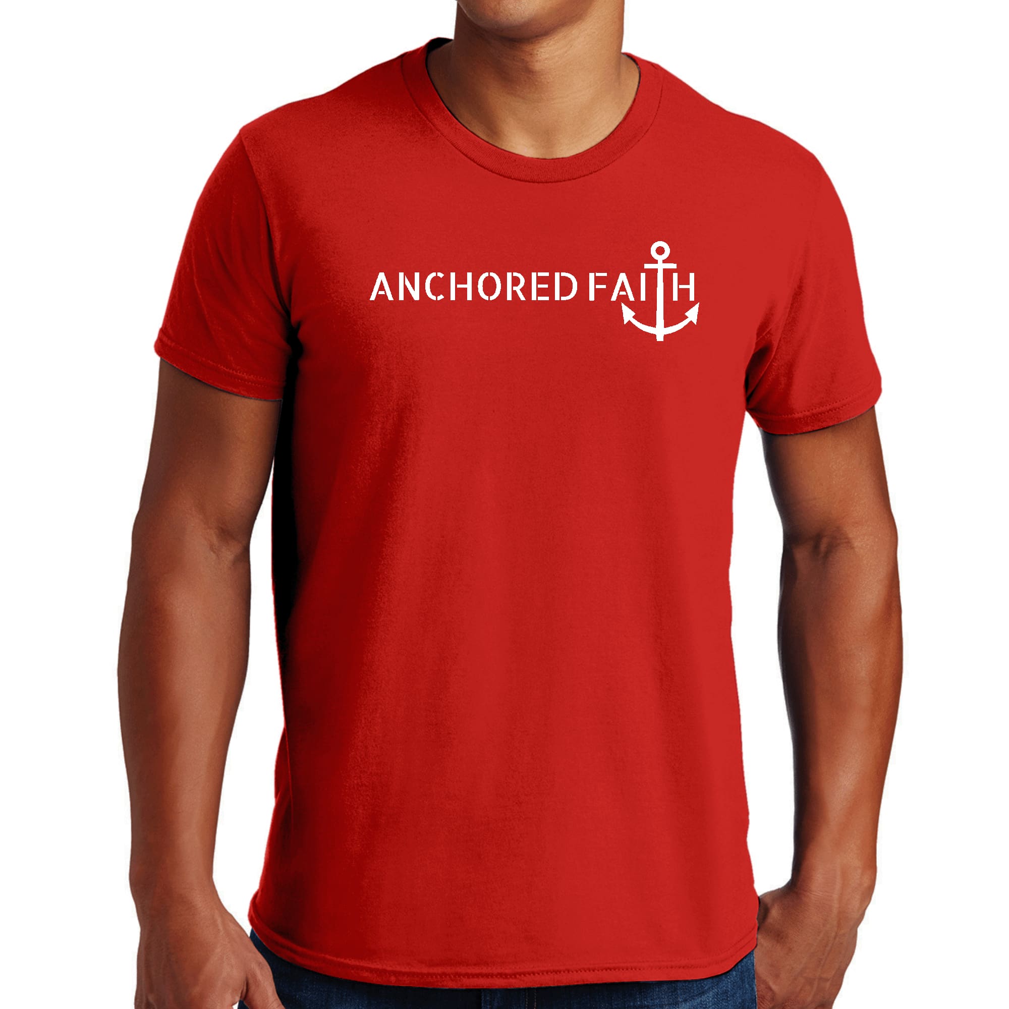 Mens Graphic T-shirt featuring Anchored Faith print, made from soft preshrunk cotton, available in various sizes.