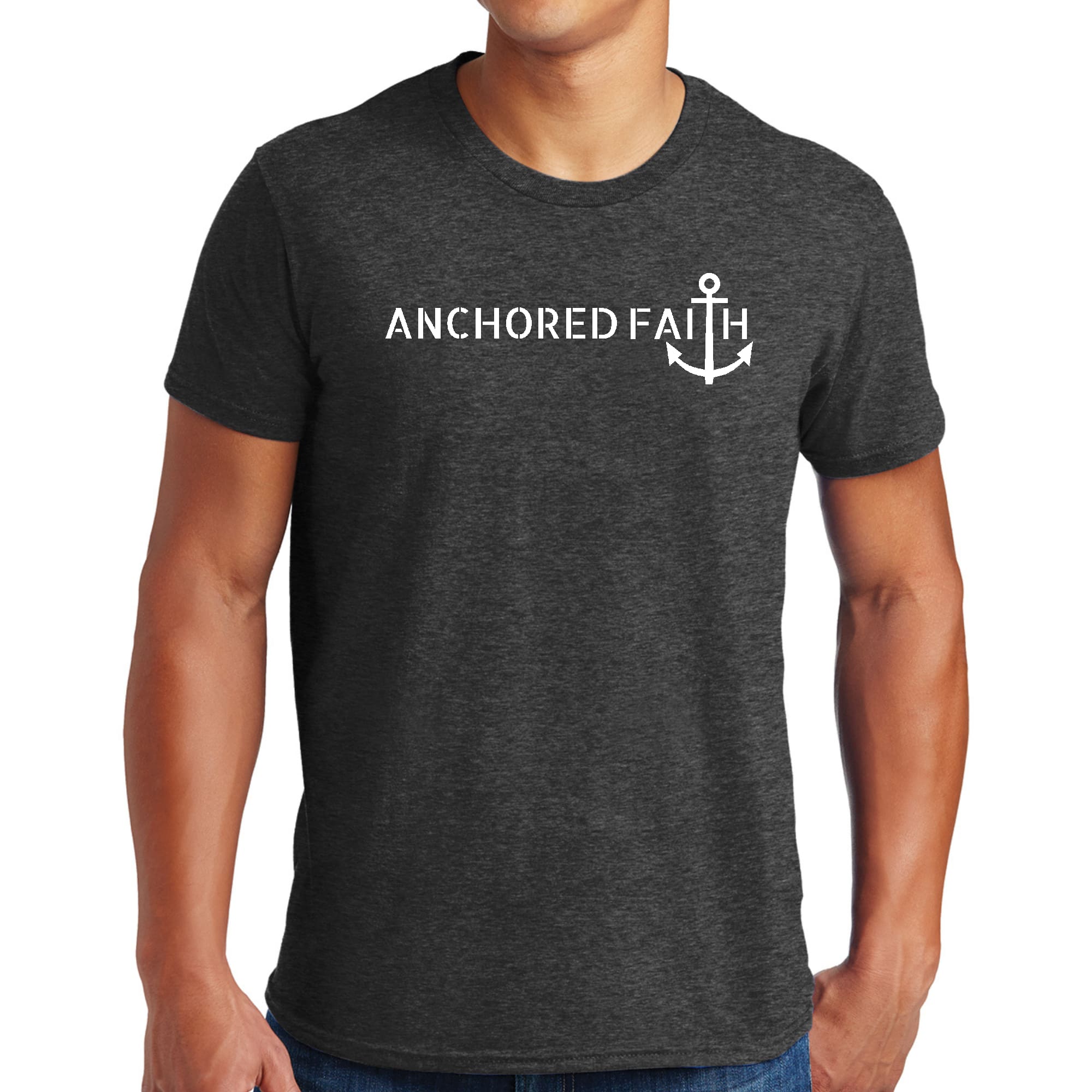 Mens Graphic T-shirt featuring Anchored Faith print, made from soft preshrunk cotton, available in various sizes.