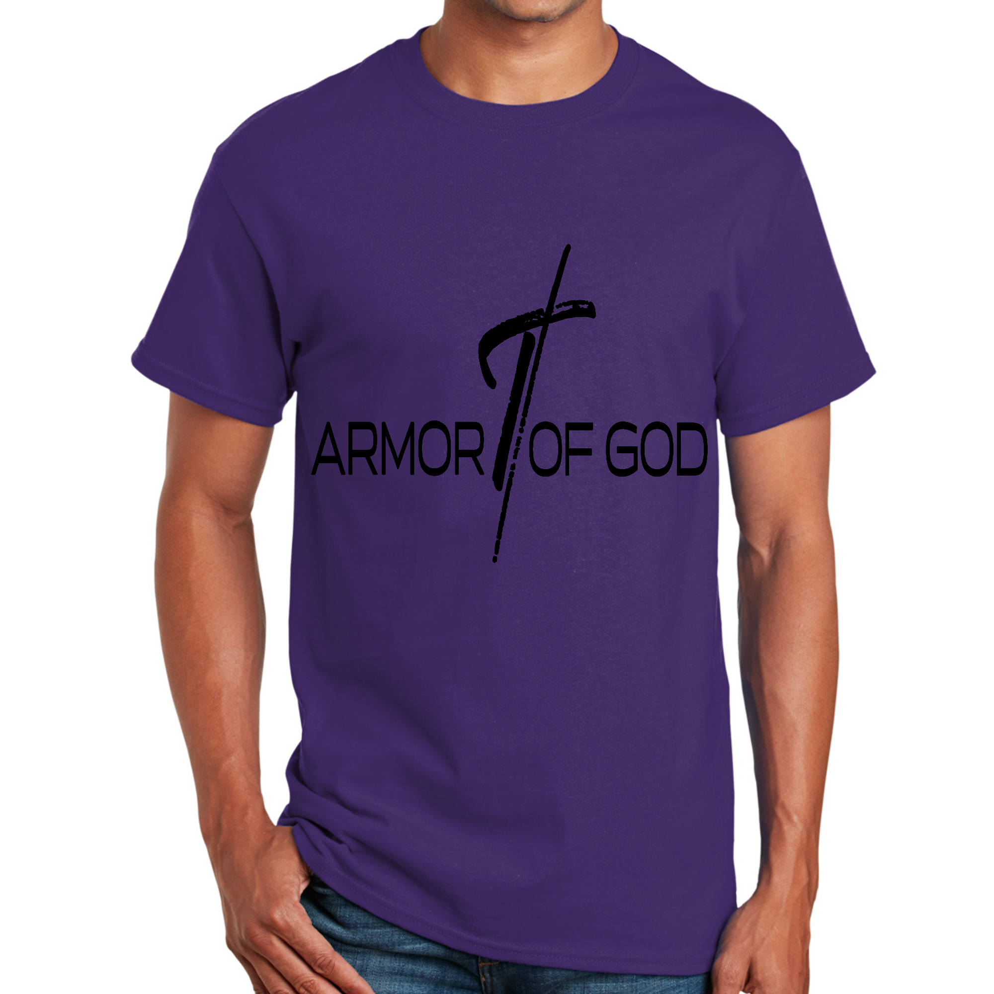 Men's black graphic T-shirt featuring the Armor of God illustration, made from soft preshrunk cotton with a classic fit.