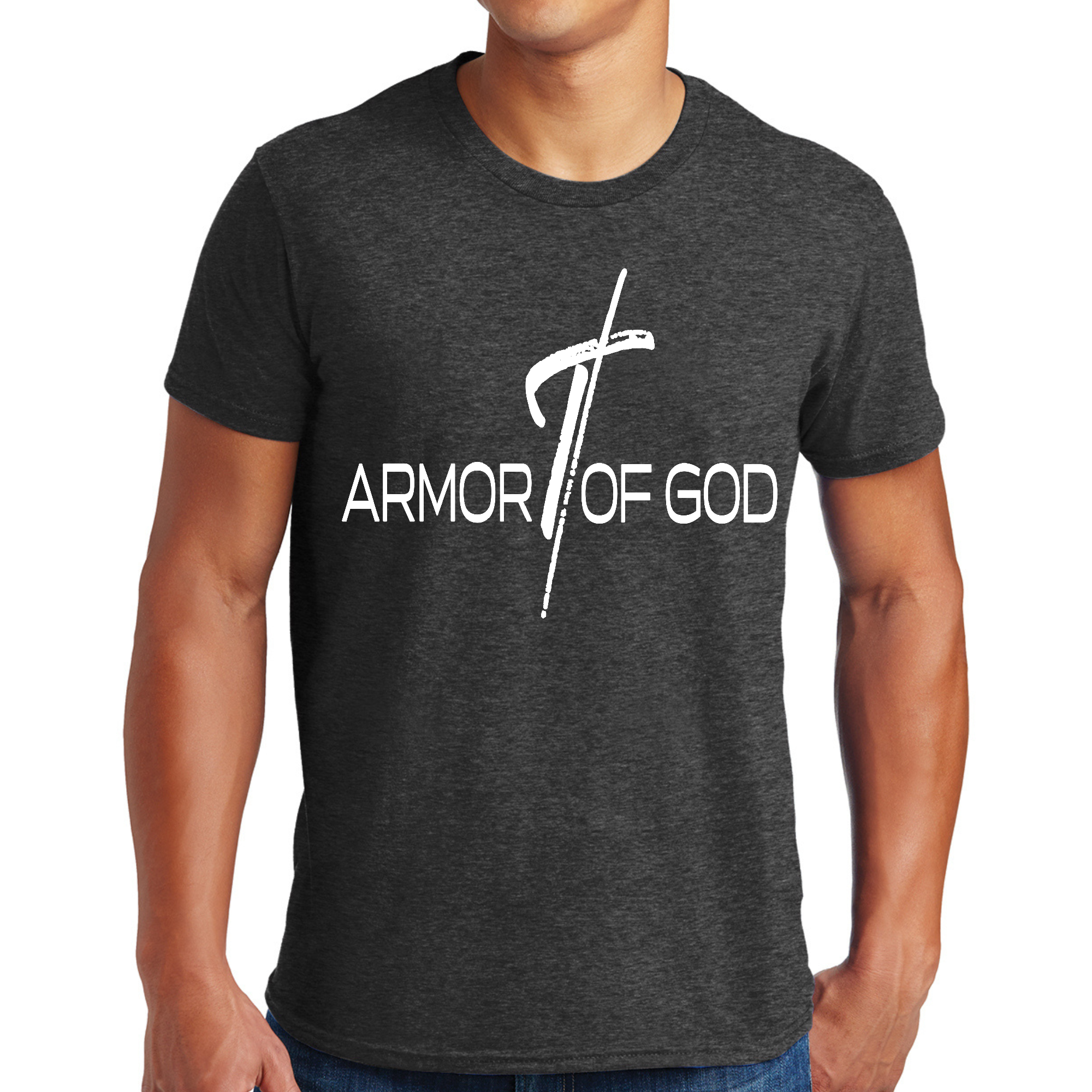 Mens Graphic T-shirt featuring Armor of God Cross design, made from soft preshrunk cotton, showcasing a classic fit and durable stitching.