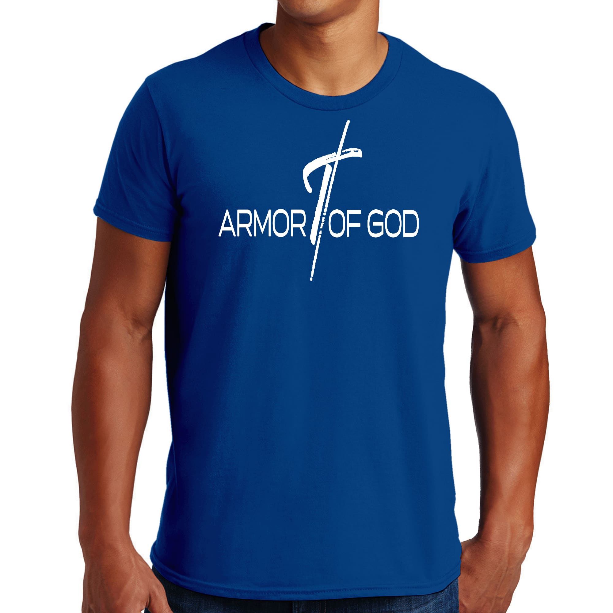 Mens Graphic T-shirt featuring Armor of God Cross design, made from soft preshrunk cotton, showcasing a classic fit and durable stitching.