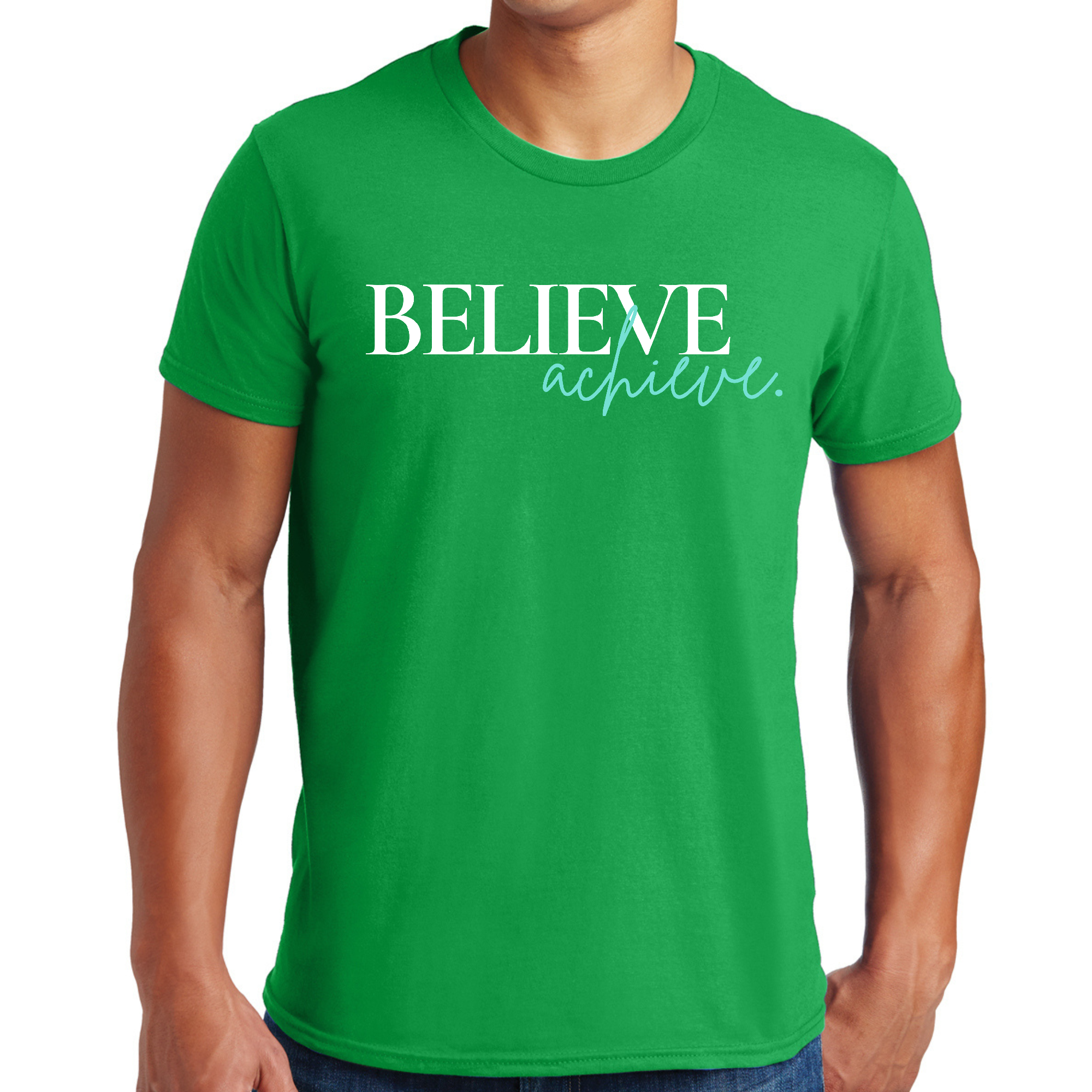 Mens Graphic T-shirt featuring 'Believe and Achieve' motivational design, made from soft preshrunk cotton with a classic fit.