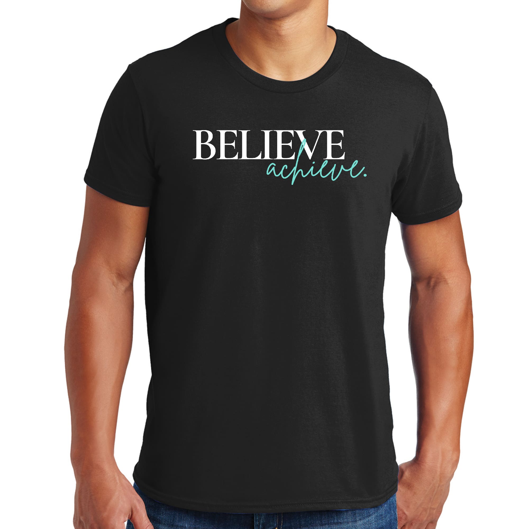 Mens Graphic T-shirt featuring 'Believe and Achieve' motivational design, made from soft preshrunk cotton with a classic fit.