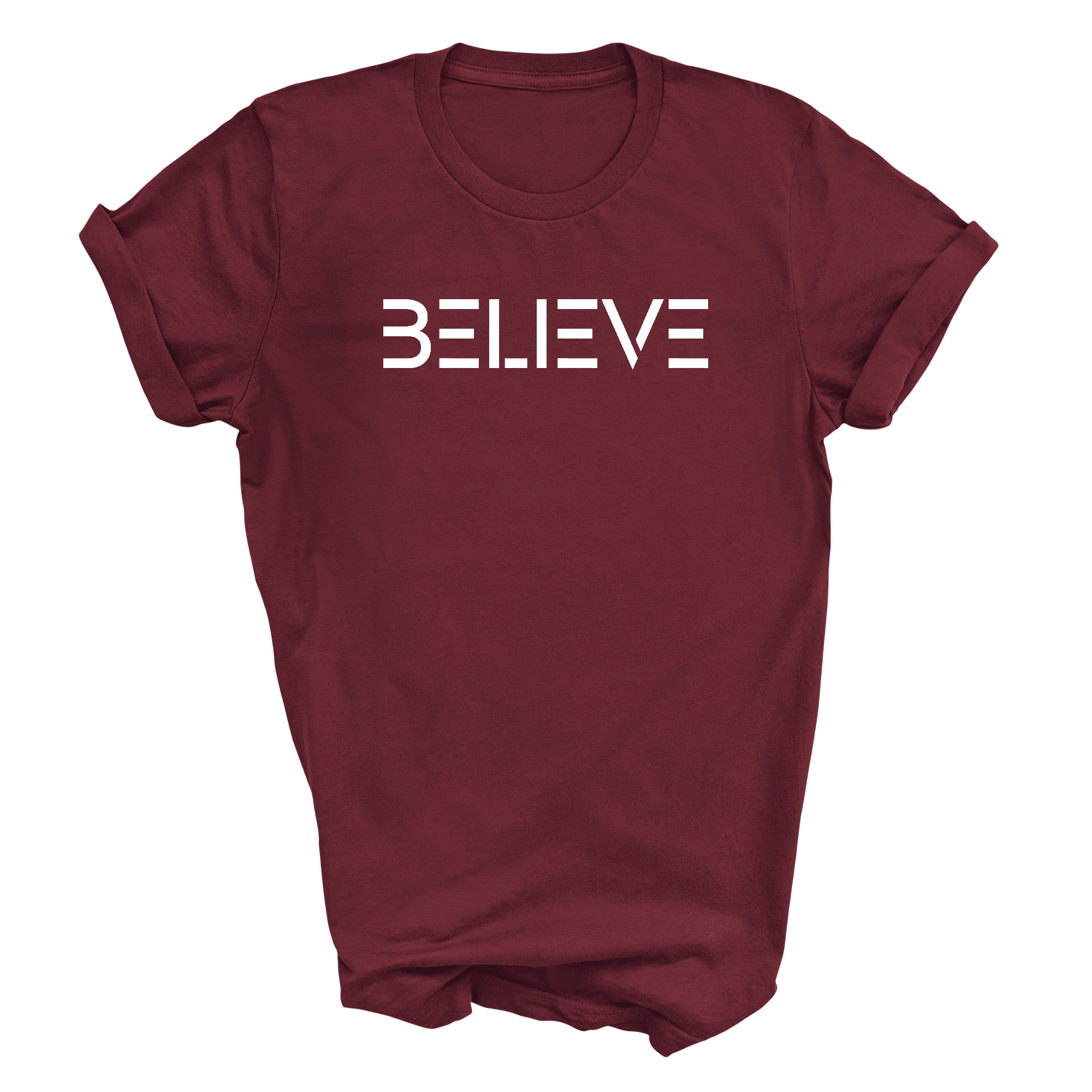 Men's Graphic T-shirt featuring a white 'Believe' print on a soft cotton fabric, showcasing a classic crewneck design.