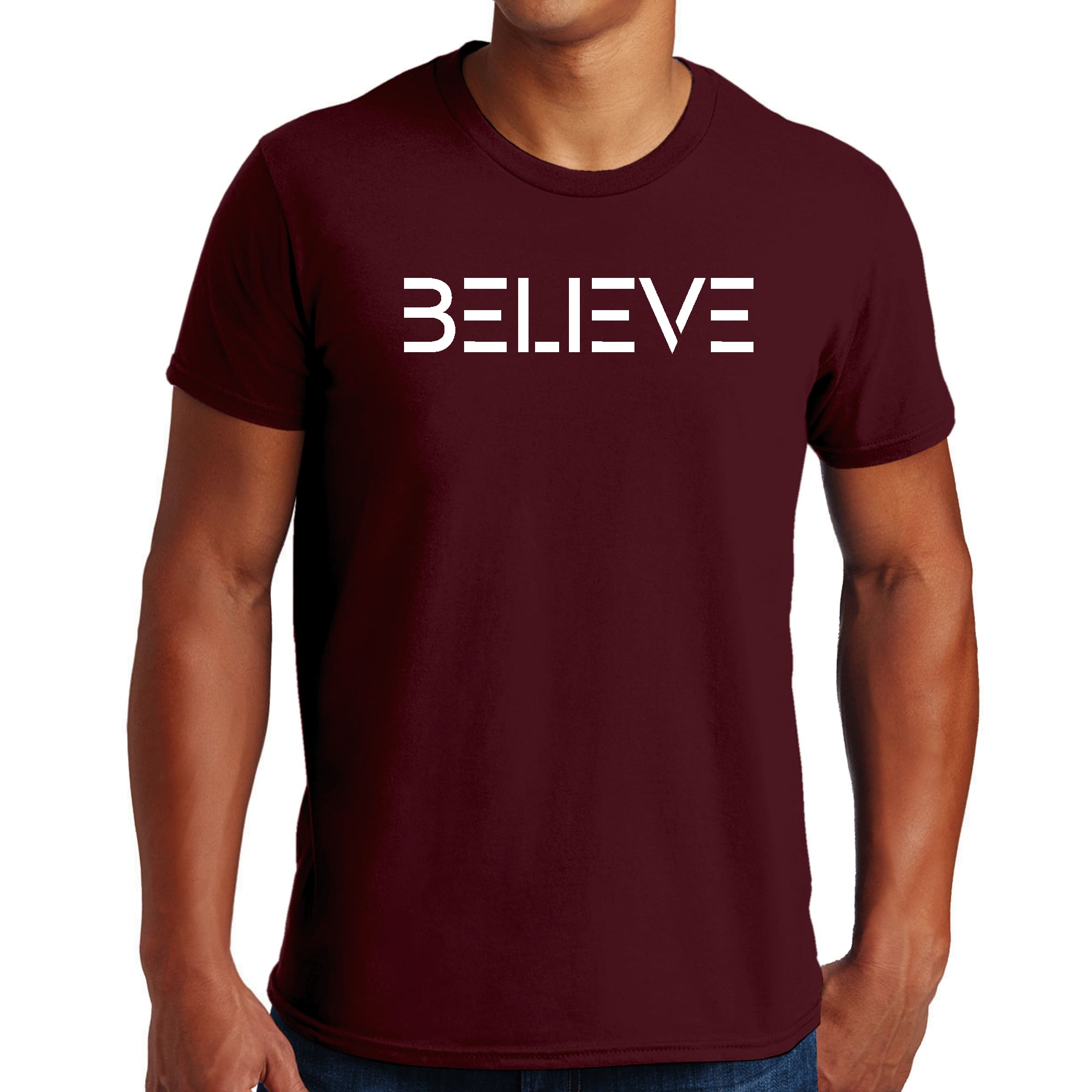 Men's Graphic T-shirt featuring a white 'Believe' print on a soft cotton fabric, showcasing a classic crewneck design.