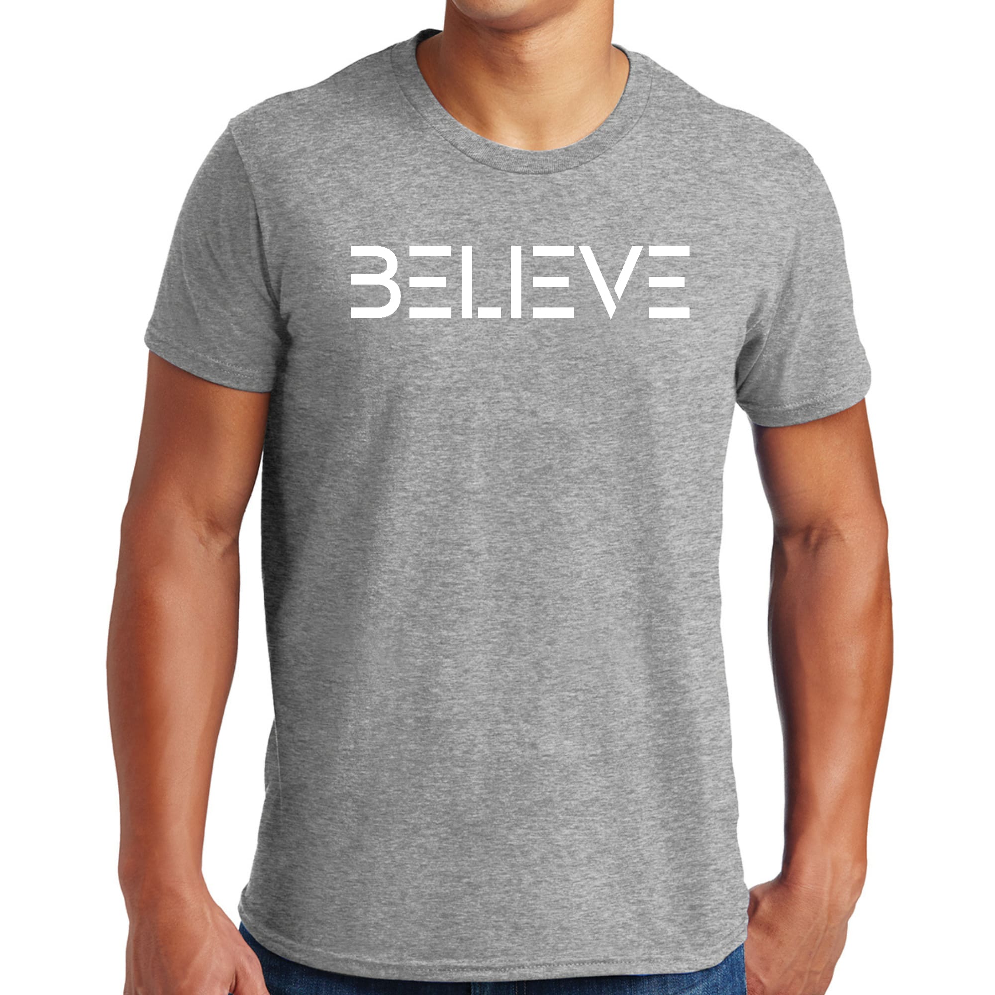 Men's Graphic T-shirt featuring a white 'Believe' print on a soft cotton fabric, showcasing a classic crewneck design.