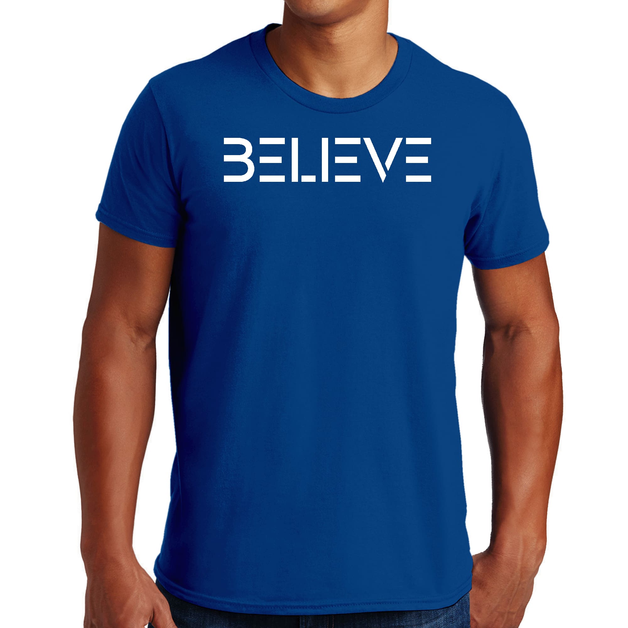 Men's Graphic T-shirt featuring a white 'Believe' print on a soft cotton fabric, showcasing a classic crewneck design.