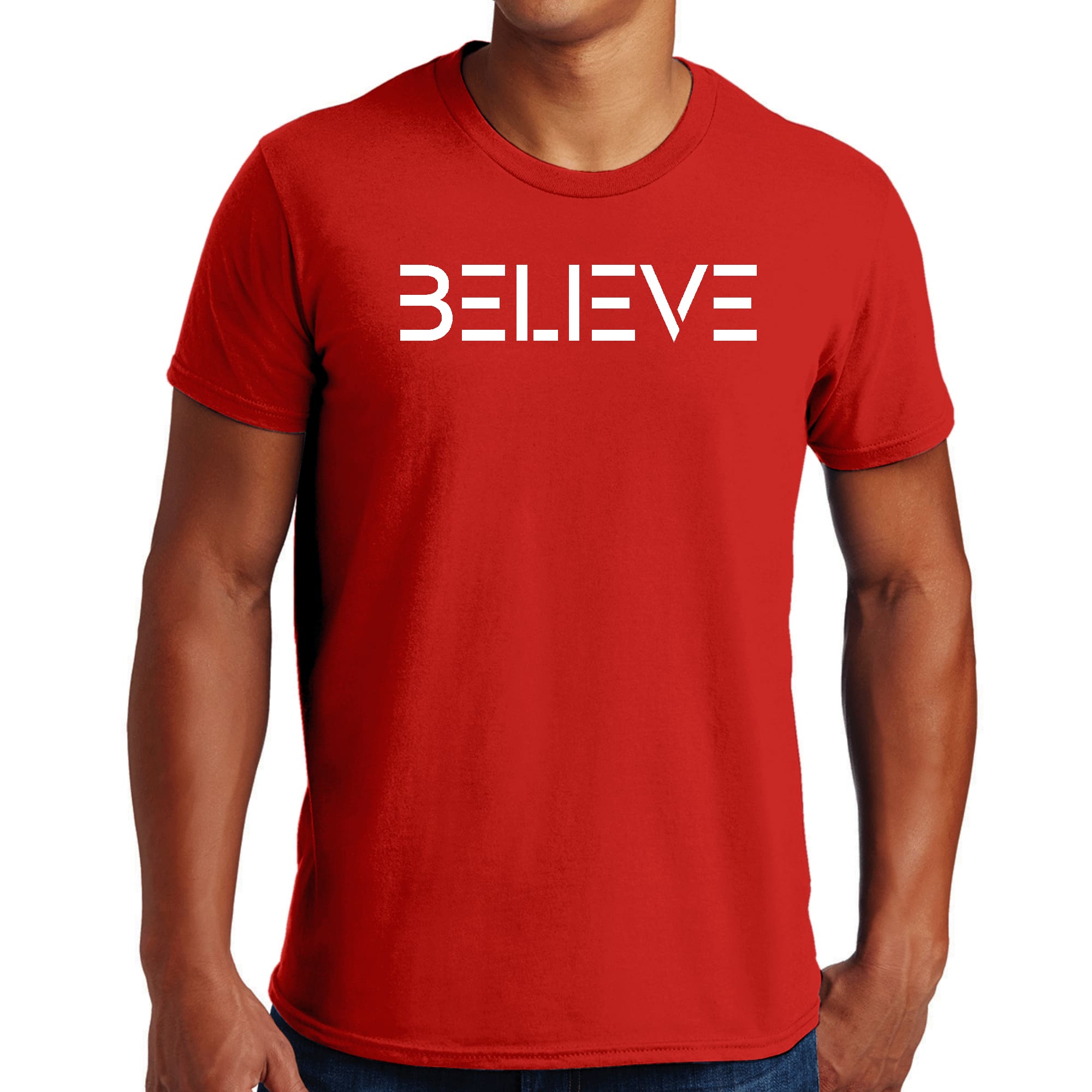 Men's Graphic T-shirt featuring a white 'Believe' print on a soft cotton fabric, showcasing a classic crewneck design.