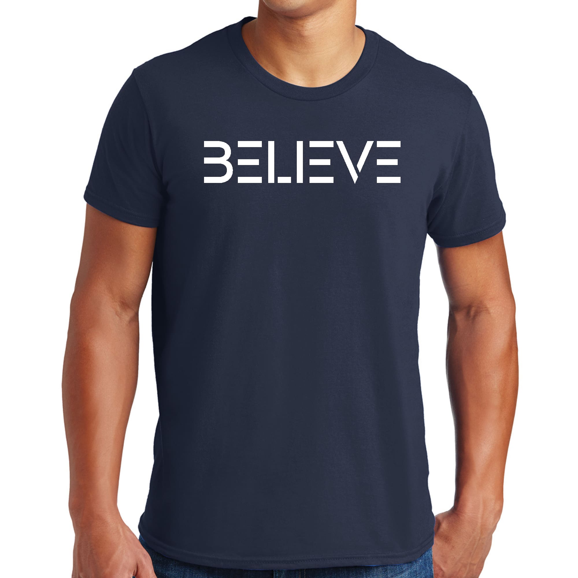 Men's Graphic T-shirt featuring a white 'Believe' print on a soft cotton fabric, showcasing a classic crewneck design.