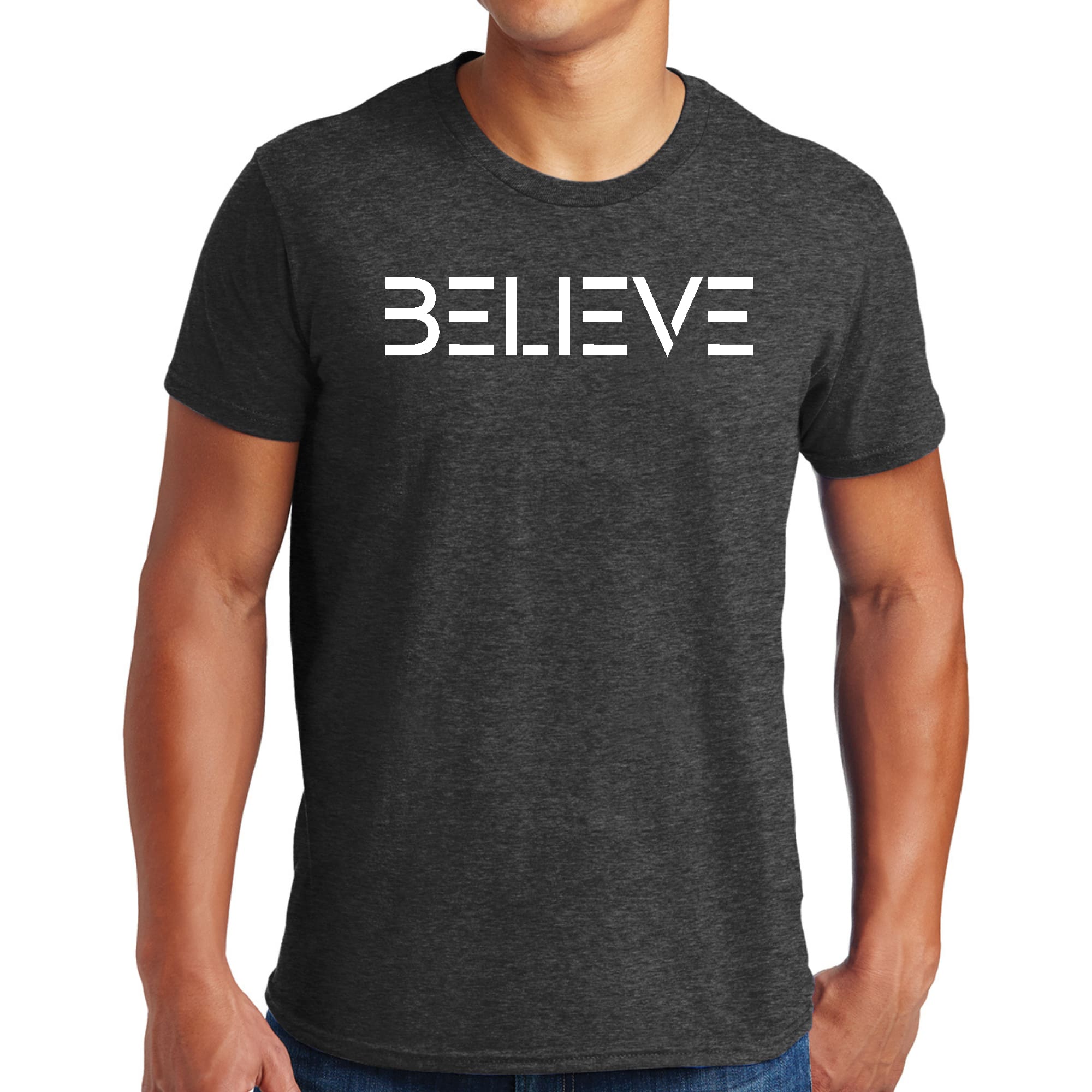 Men's Graphic T-shirt featuring a white 'Believe' print on a soft cotton fabric, showcasing a classic crewneck design.