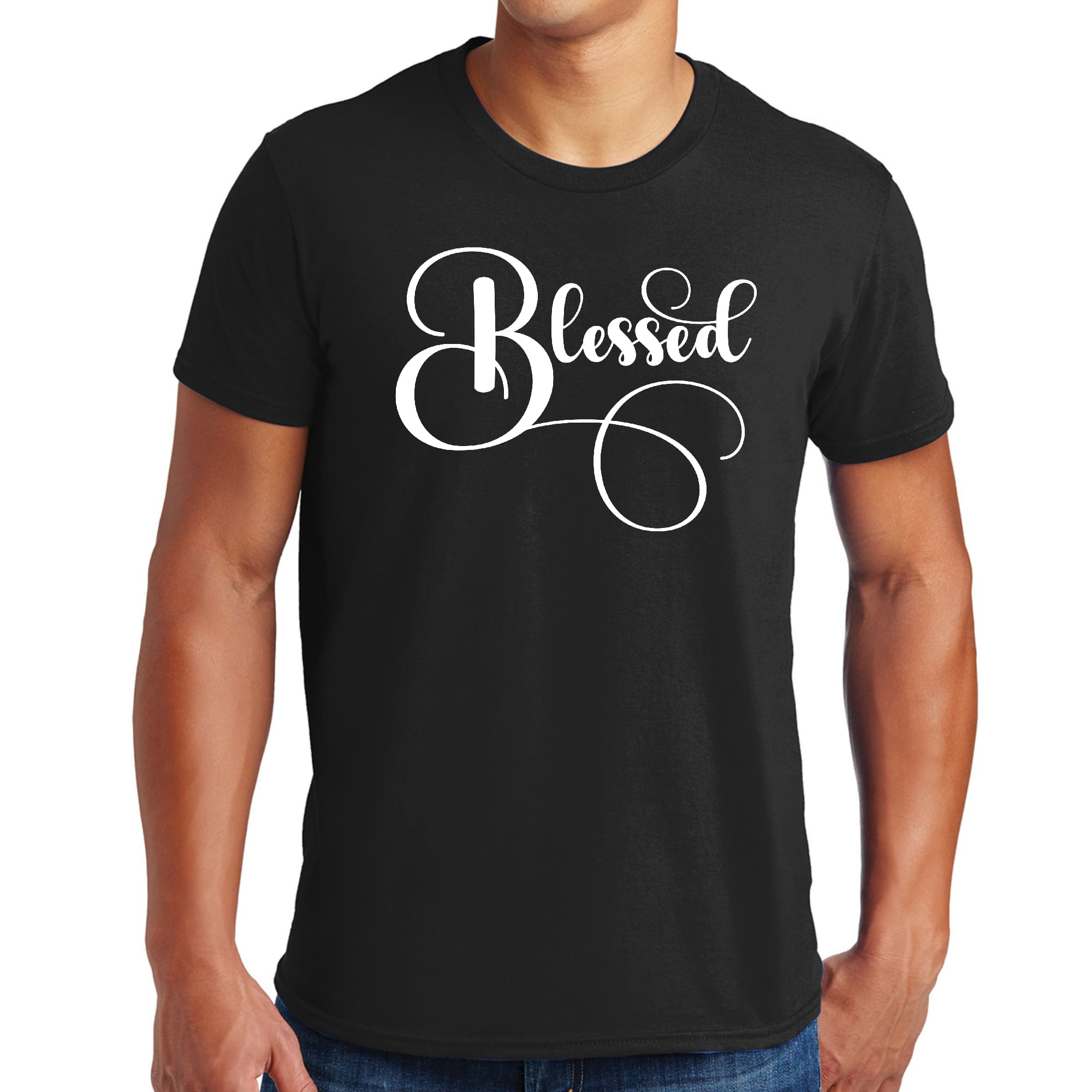 Men's Graphic T-shirt in black featuring a Blessed Graphic Illustration, made from soft preshrunk cotton, available in sizes S-5XL.