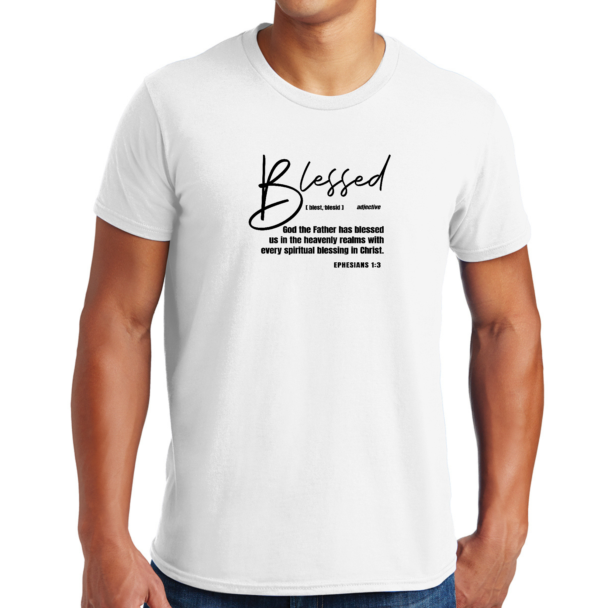 Men's Graphic T-shirt Blessed in Christ featuring a bold black design with creative illustrations, perfect for self-expression and casual wear.