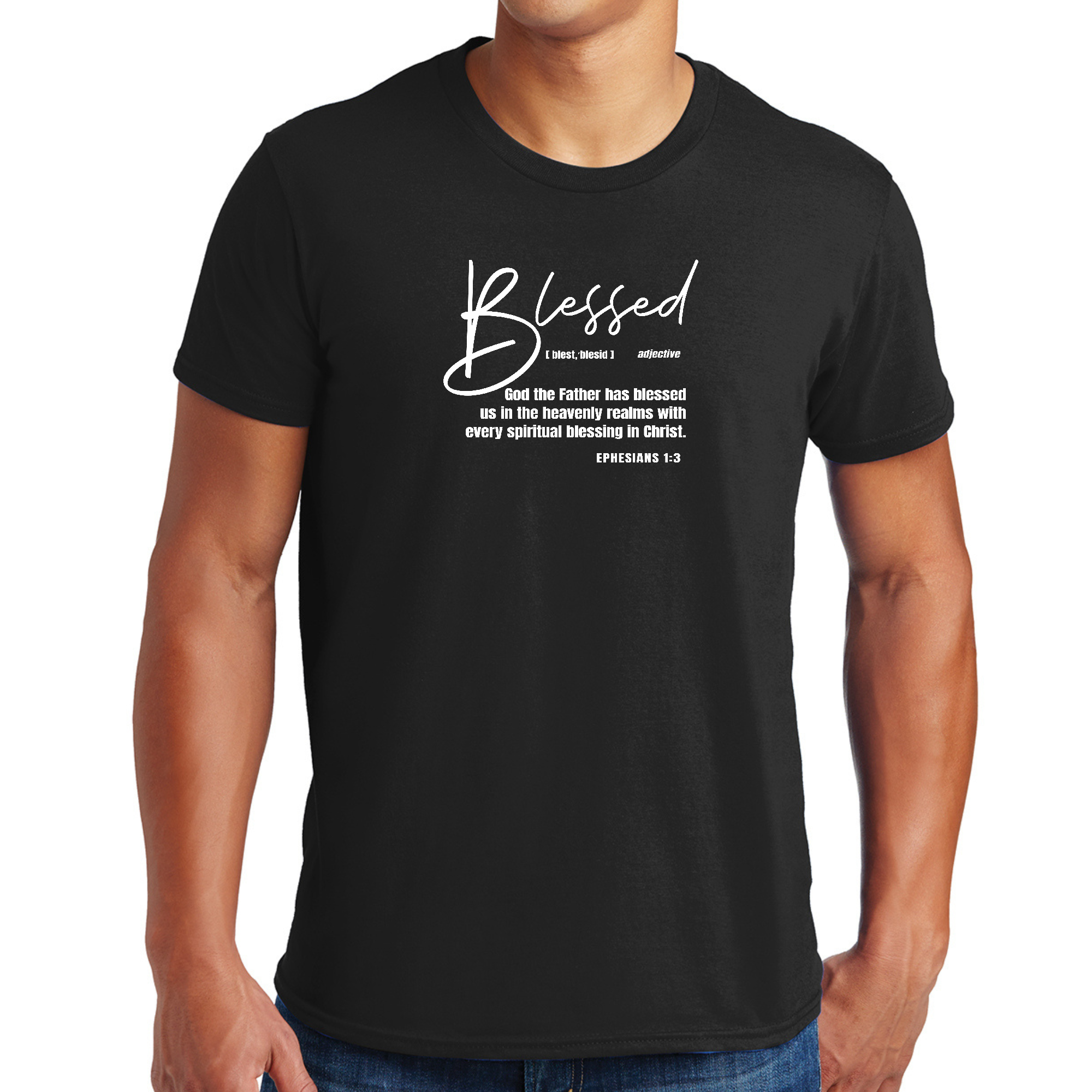 Mens Graphic T-shirt featuring the phrase Blessed in Christ with a modern design and vibrant colors.