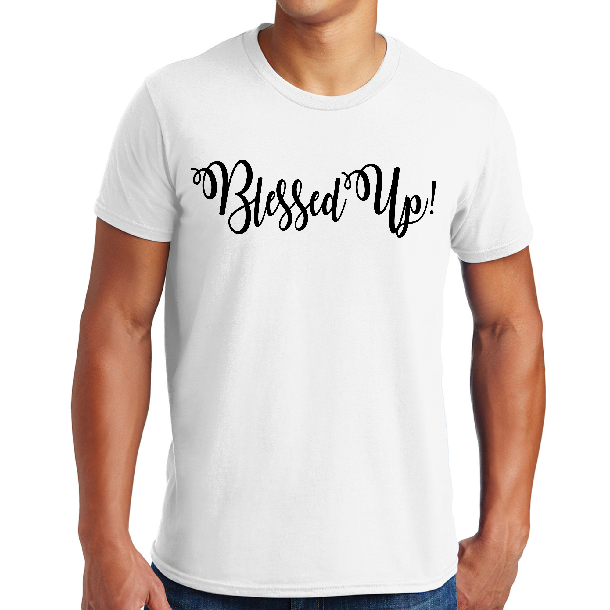 Men's black graphic T-shirt featuring the Blessed Up motivational quote, made from soft preshrunk cotton.