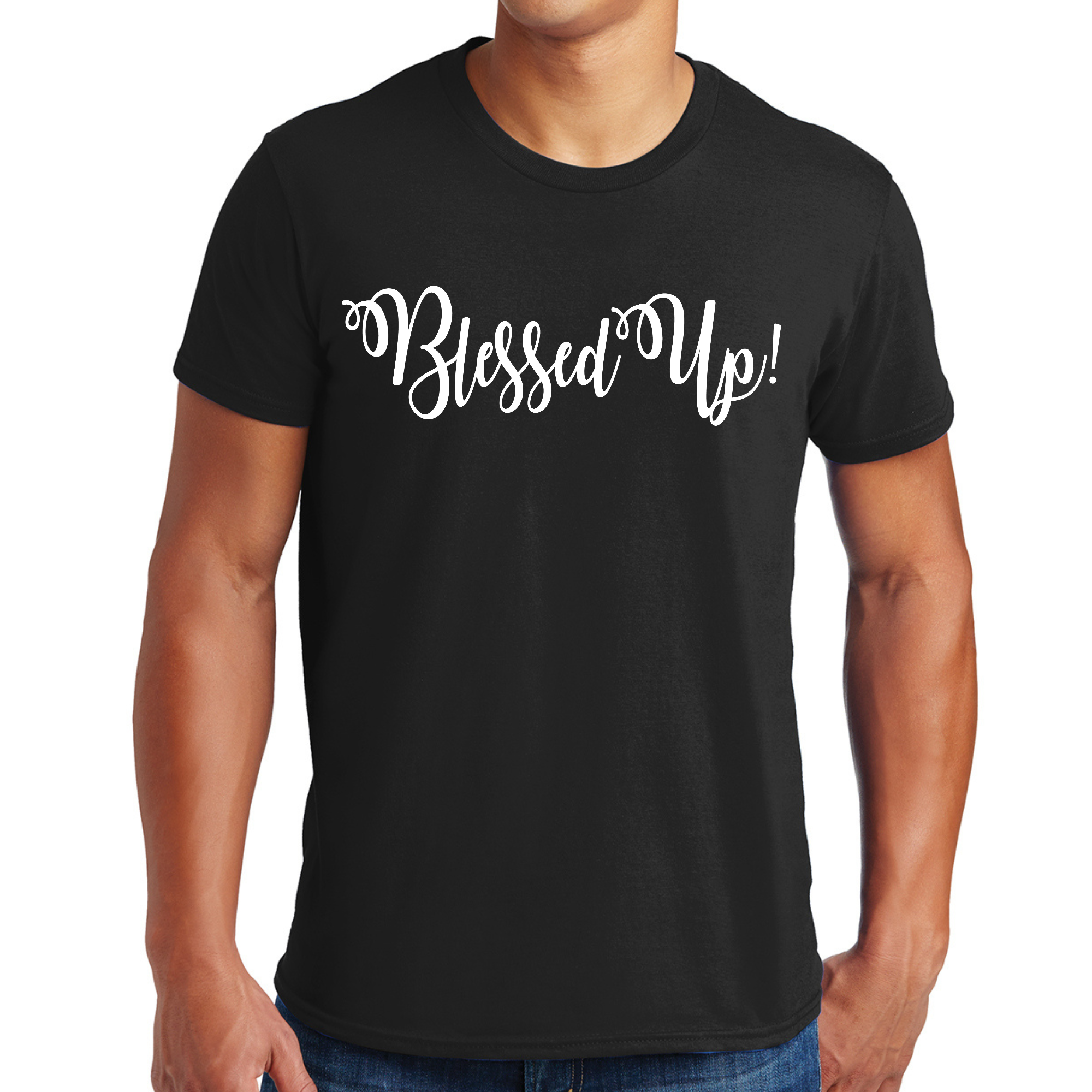 Mens Graphic T-shirt Blessed Up featuring a motivational quote, made from soft preshrunk cotton with a classic fit.