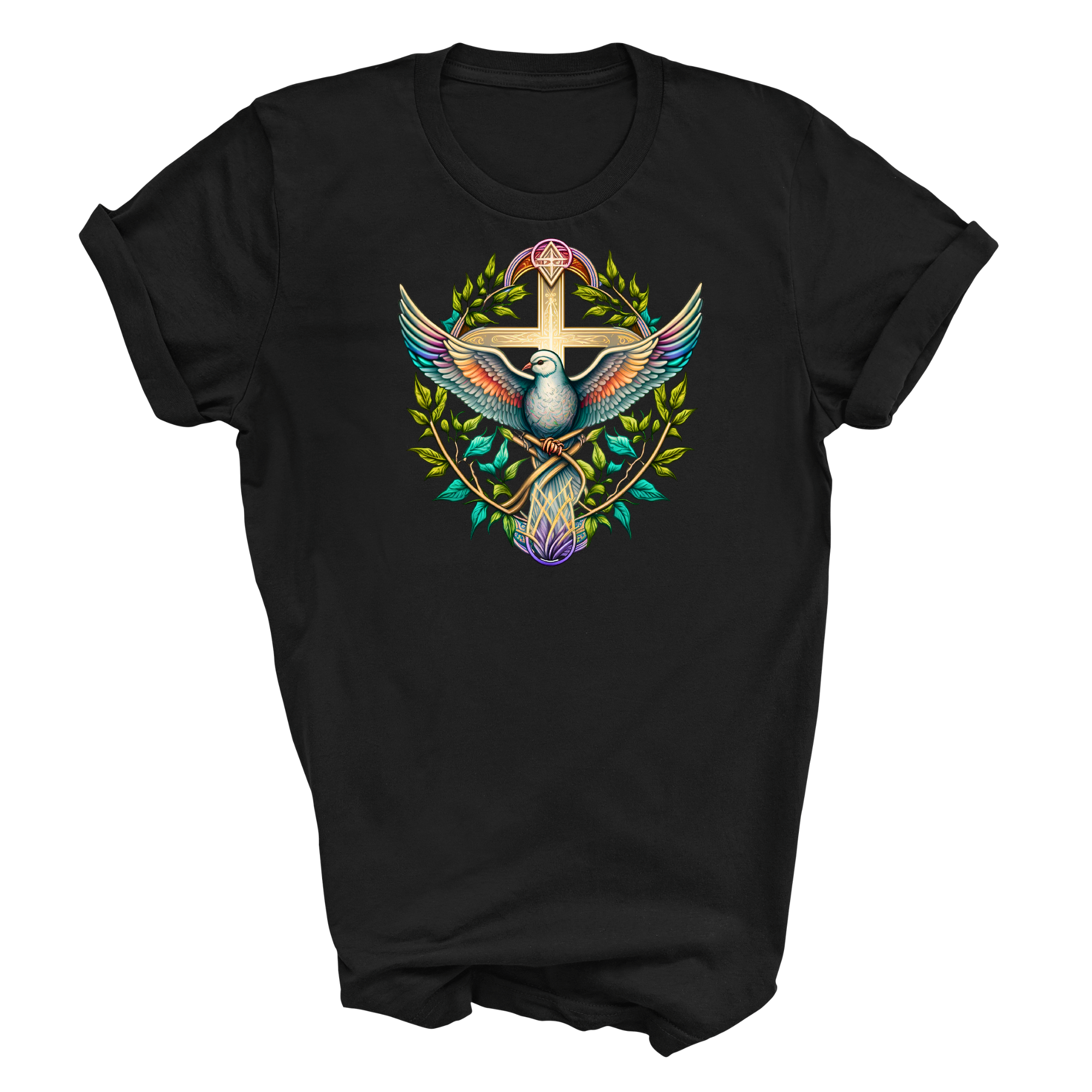 Mens Graphic T-shirt featuring a Blue Green Multicolor Dove Floral Illustration, made from soft preshrunk cotton.