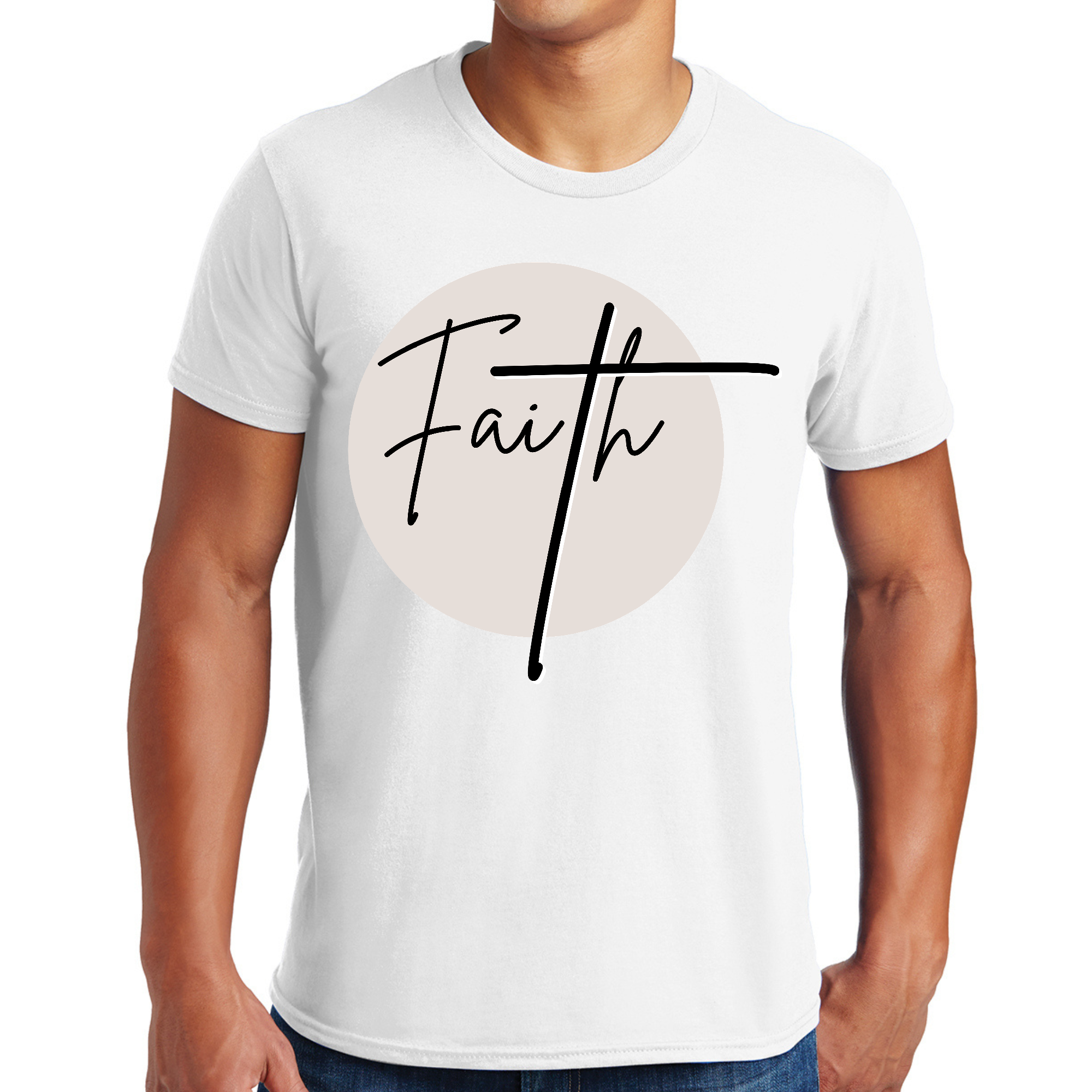 Men's Graphic T-shirt in black and beige featuring a Christian affirmation design, made from soft preshrunk cotton.