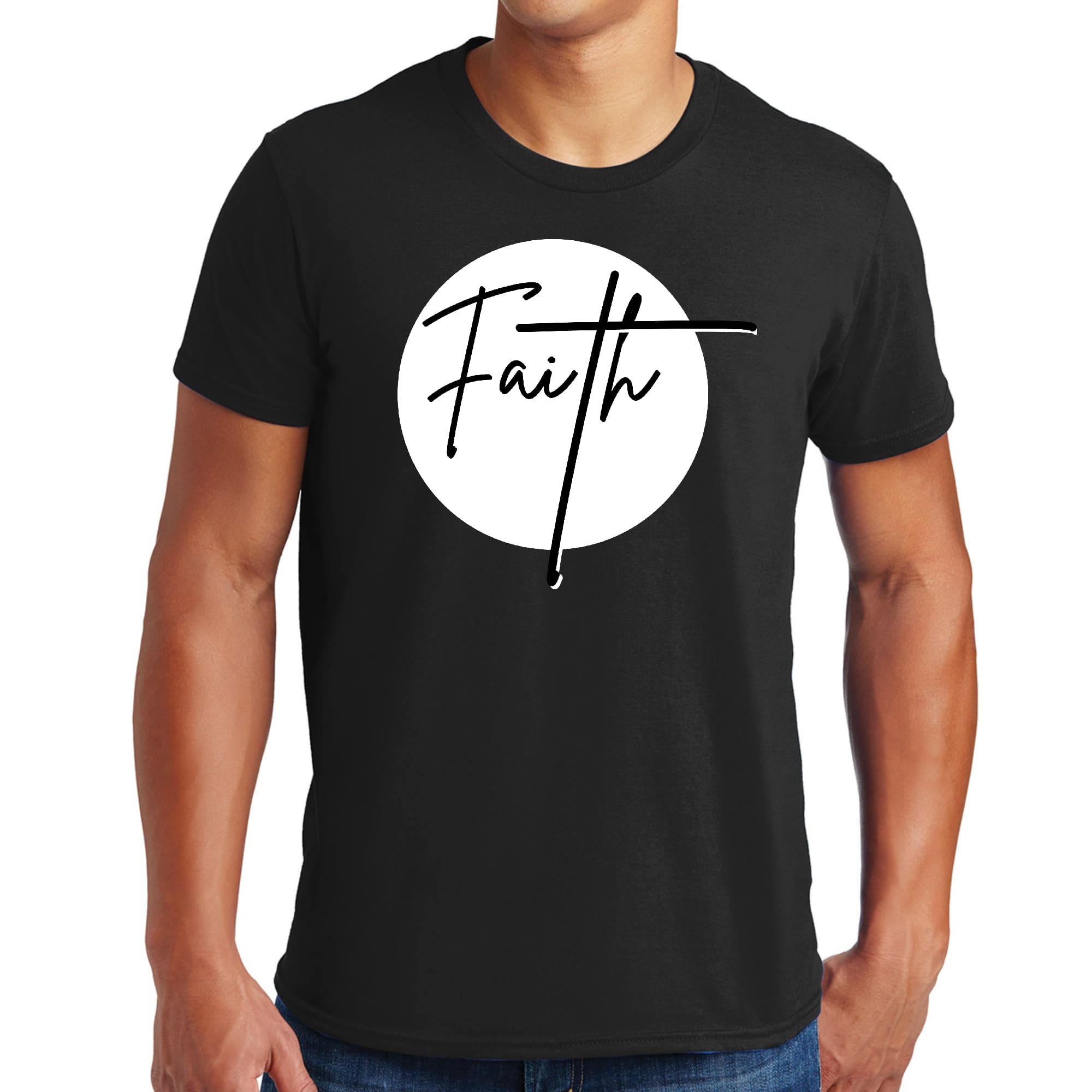 Men's Graphic T-shirt featuring a Faith print in black and white, made from soft preshrunk cotton, showcasing a classic crewneck design.