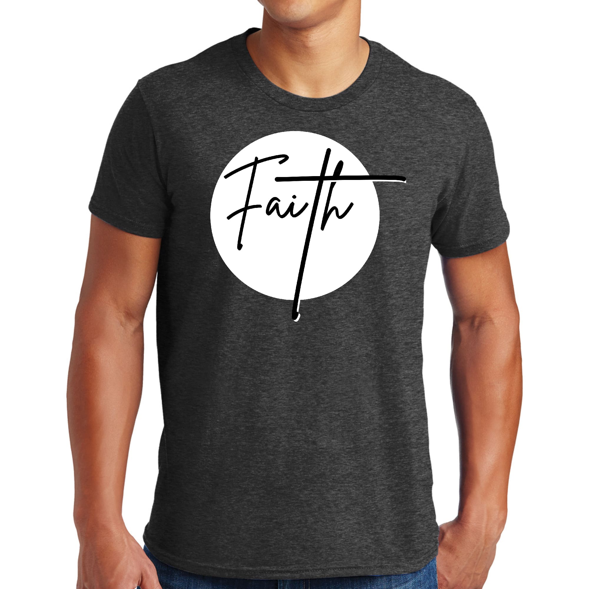 Men's Graphic T-shirt featuring a Faith print in black and white, made from soft preshrunk cotton, showcasing a classic crewneck design.