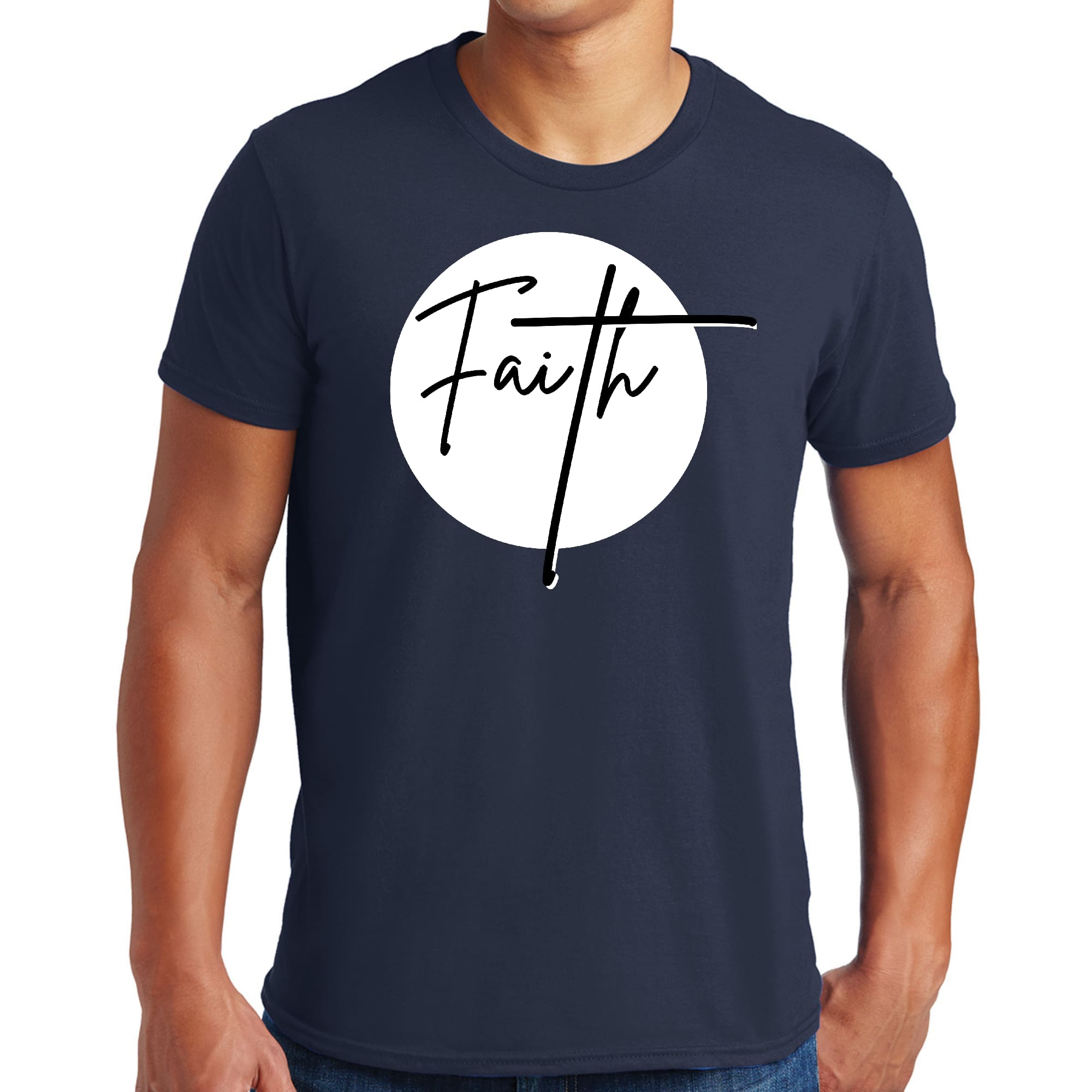 Men's Graphic T-shirt featuring a Faith print in black and white, made from soft preshrunk cotton, showcasing a classic crewneck design.