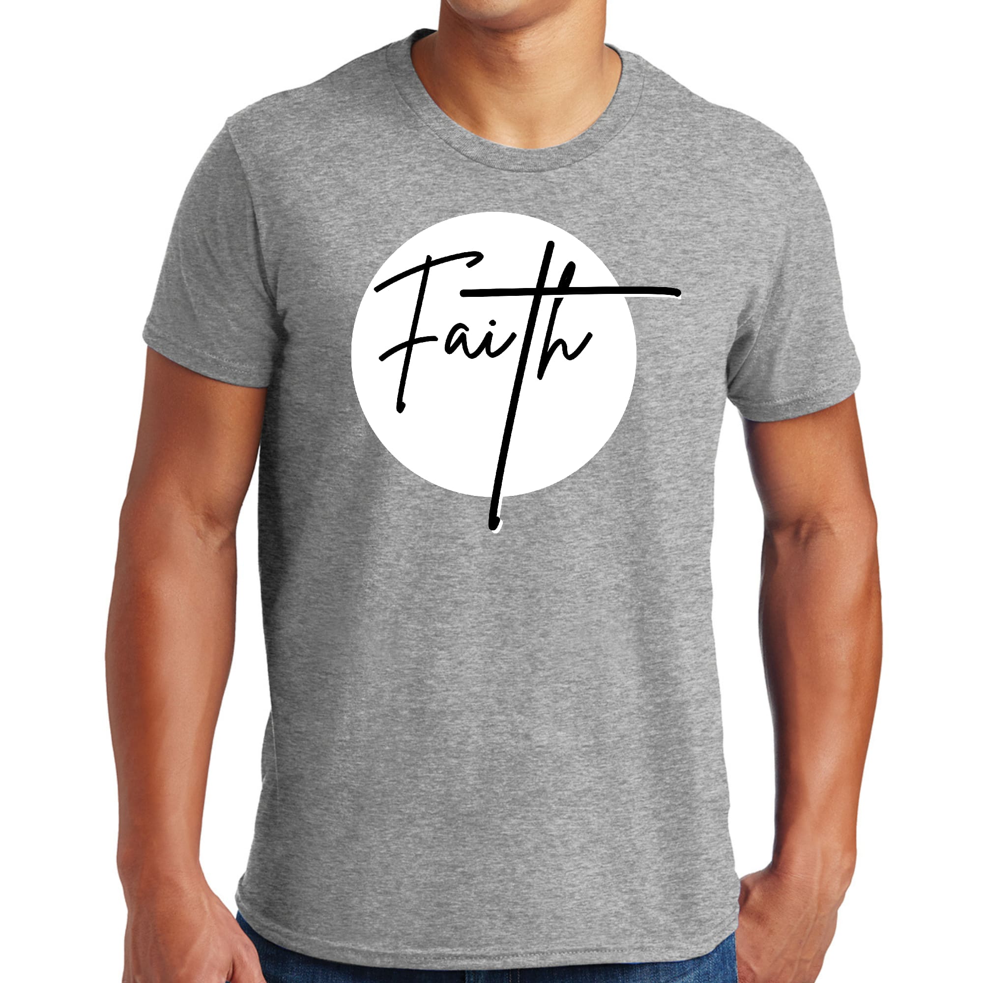 Men's Graphic T-shirt featuring a Faith print in black and white, made from soft preshrunk cotton, showcasing a classic crewneck design.