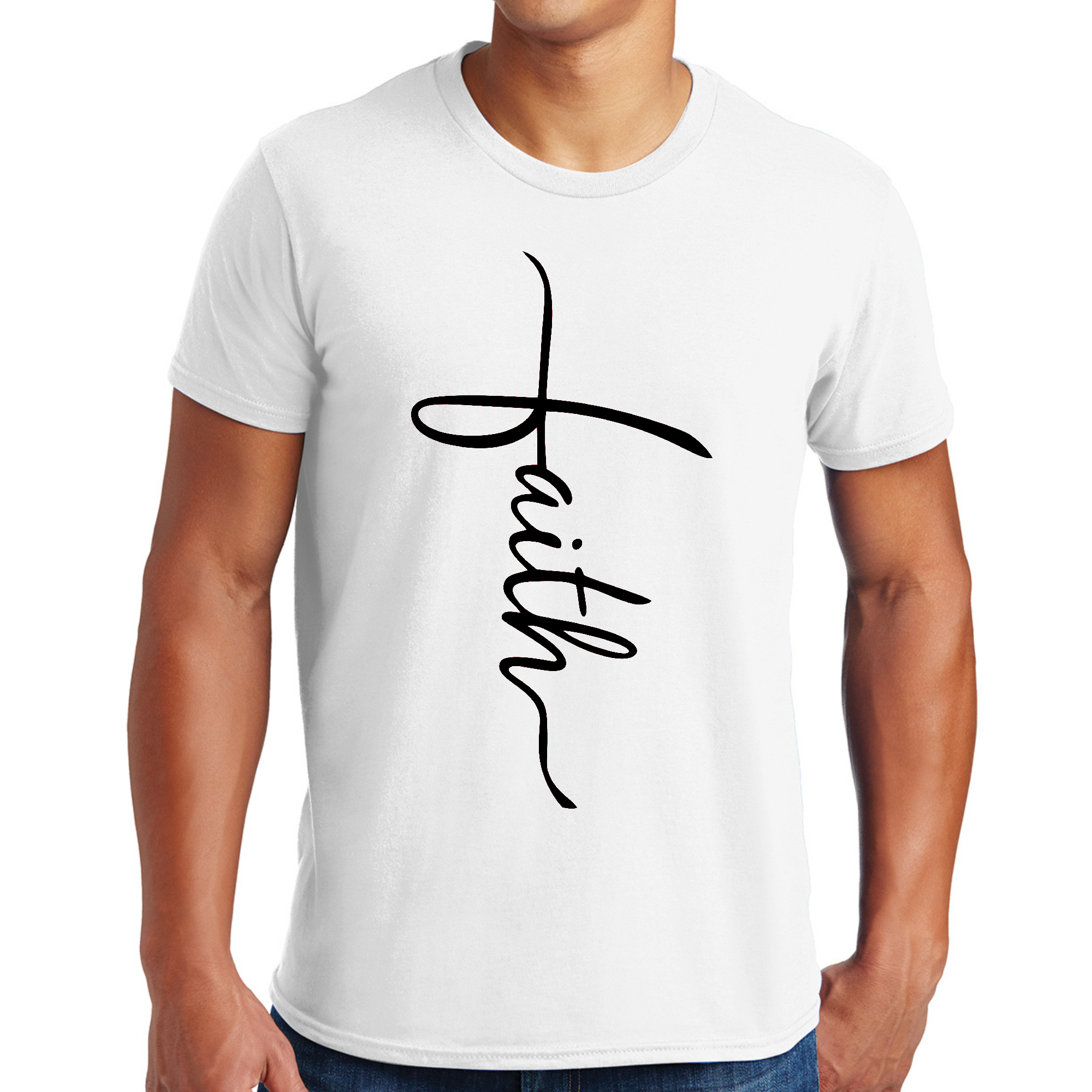 Men's Graphic T-shirt featuring a Faith Script Cross illustration in black, showcasing a stylish and comfortable design.