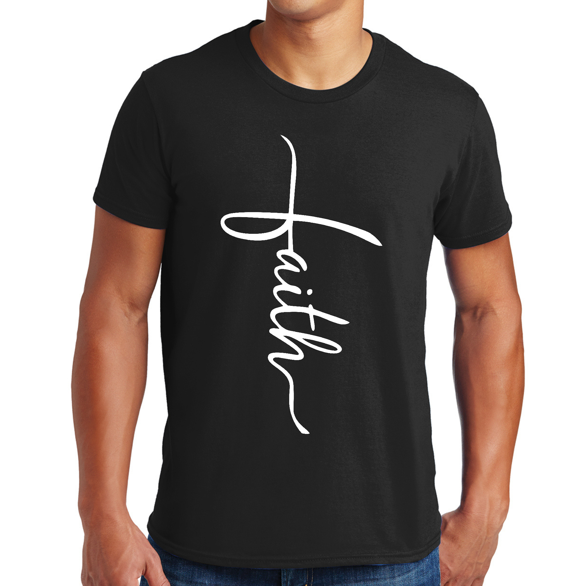 Men's Graphic T-shirt featuring Faith Script Cross illustration, showcasing soft cotton fabric and stylish design.