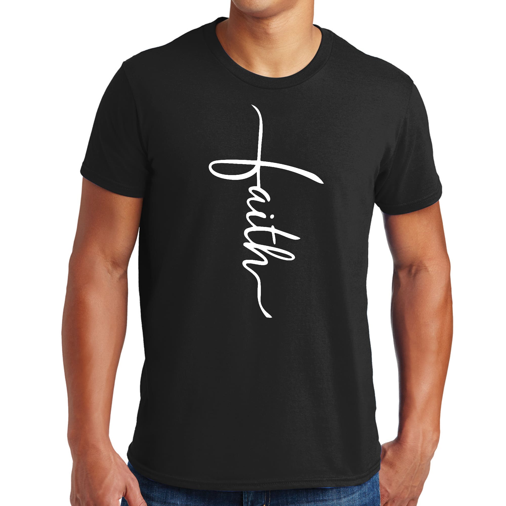 Men's Graphic T-shirt featuring Faith Script Cross illustration, showcasing soft cotton fabric and stylish design.