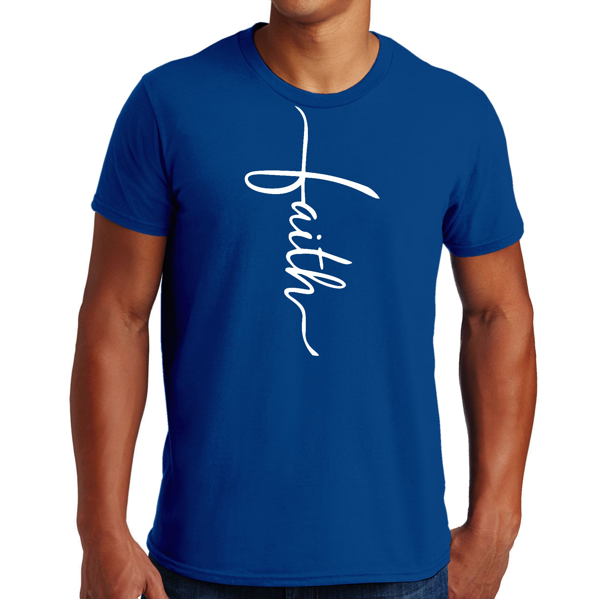 Men's Graphic T-shirt featuring Faith Script Cross illustration, showcasing soft cotton fabric and stylish design.