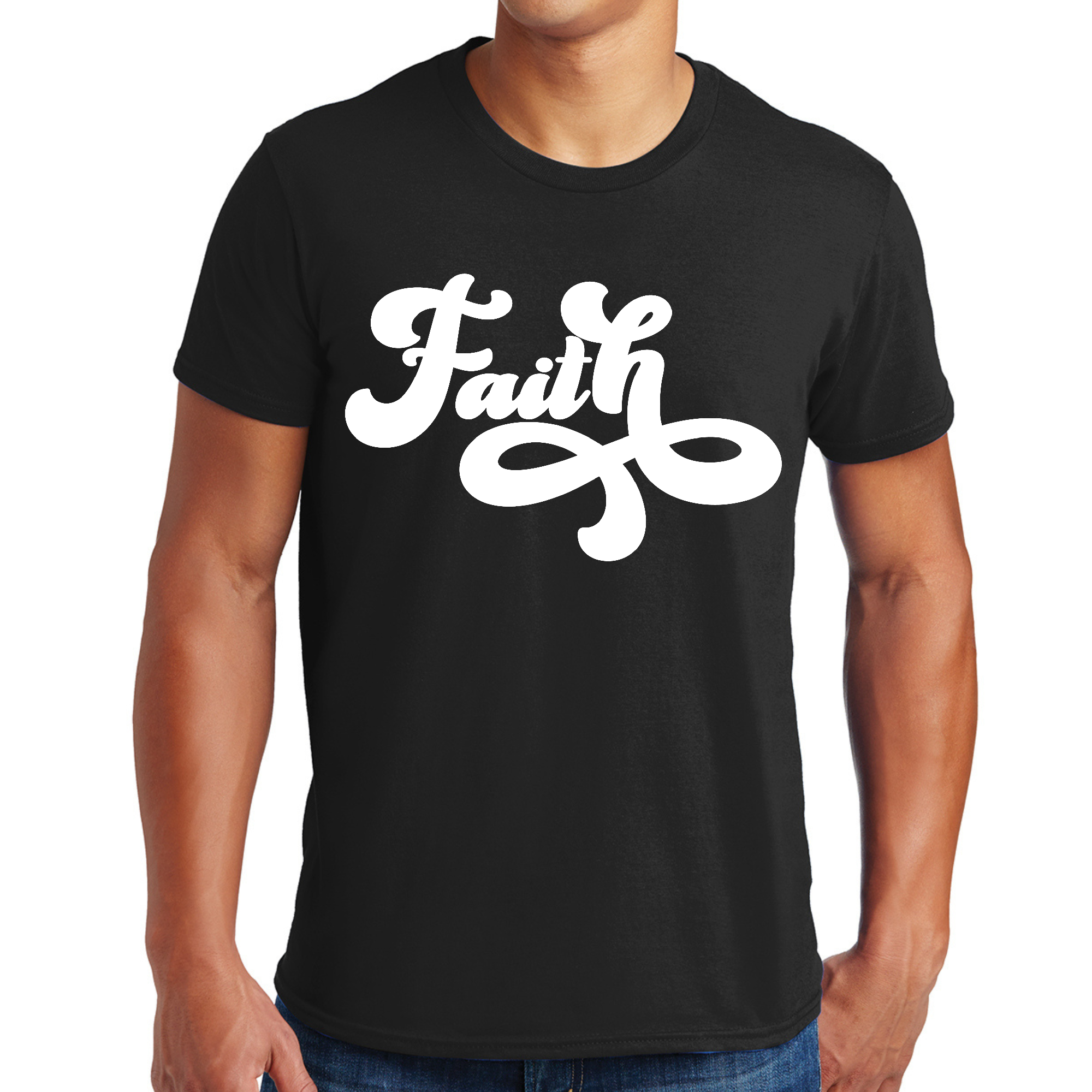 Men's Graphic T-shirt featuring a Faith Script Illustration, showcasing a stylish design on soft cotton fabric.