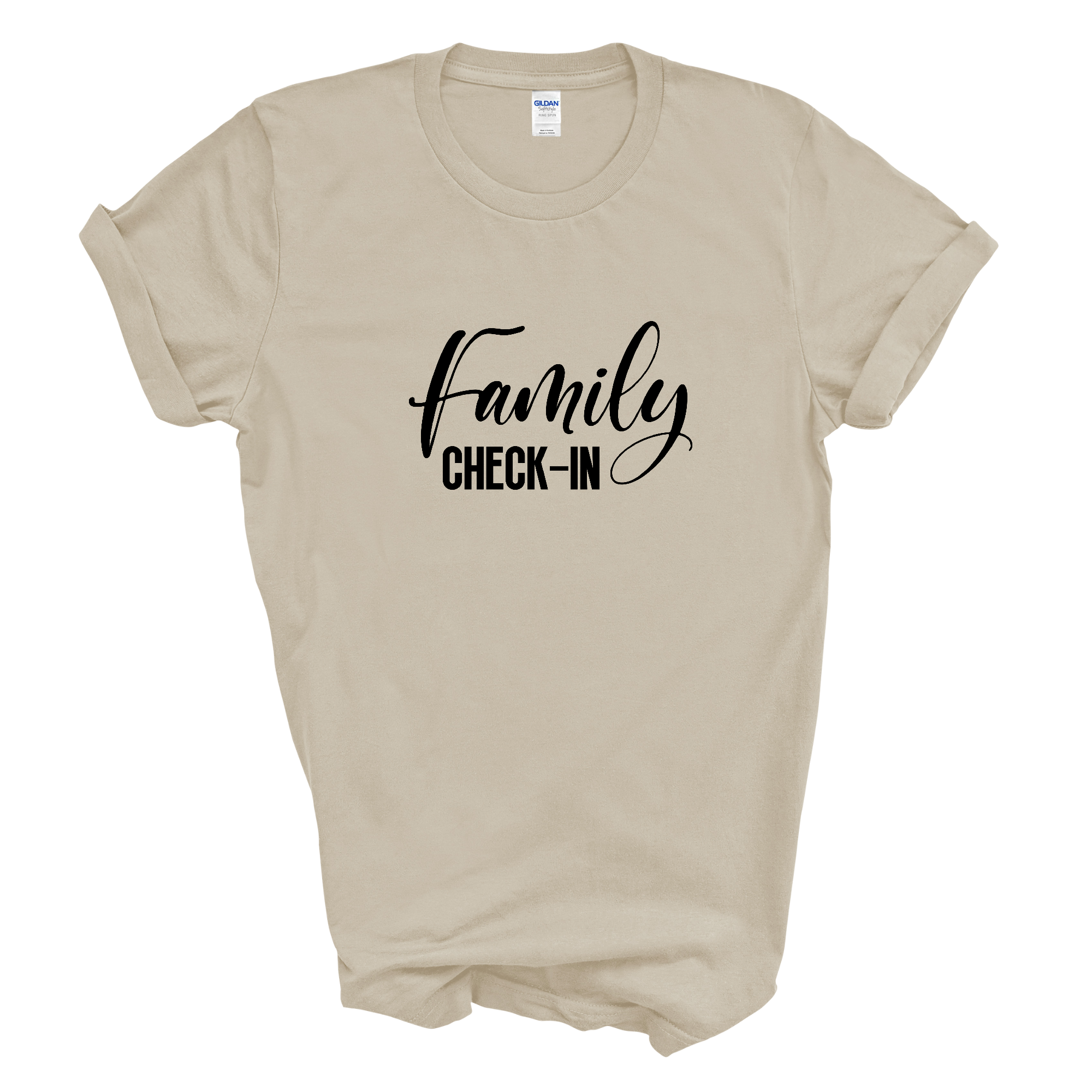 Mens Graphic T-shirt featuring Family Check-in illustration in black, made from soft preshrunk cotton, available in sizes S-5XL.