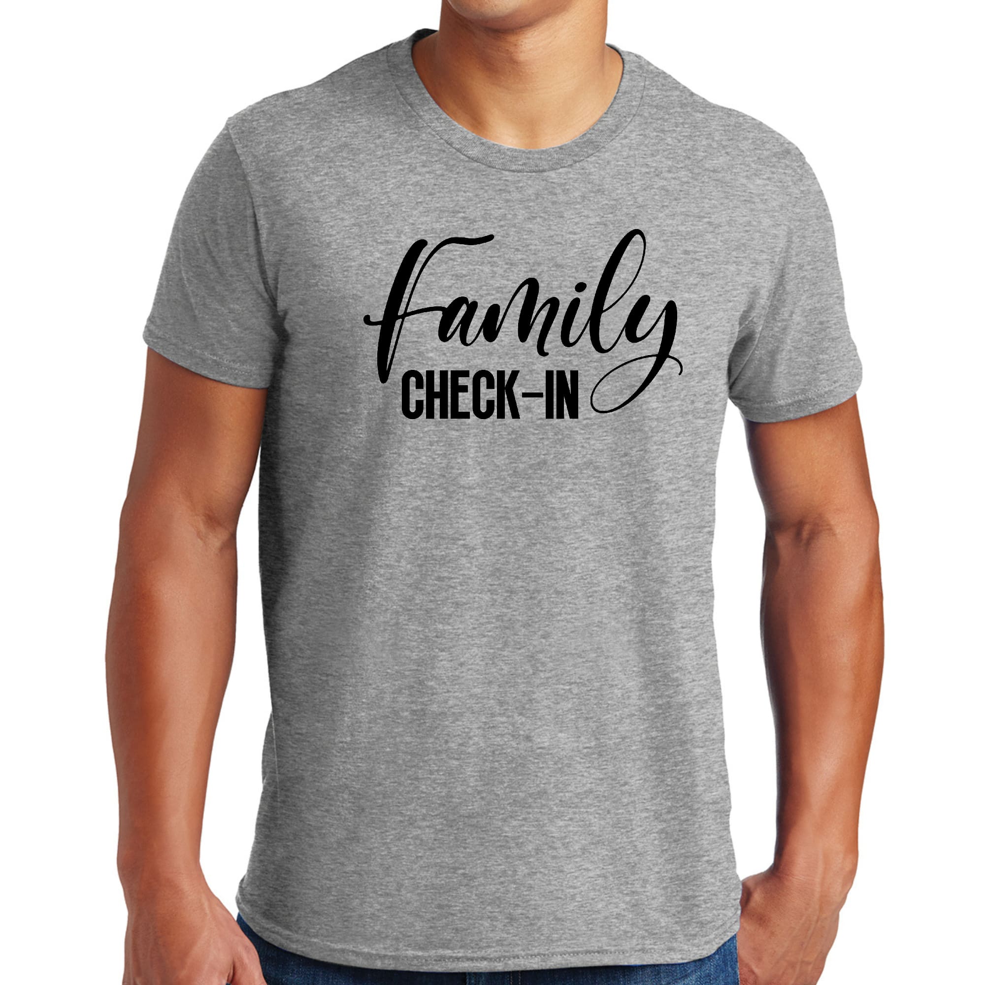 Mens Graphic T-shirt featuring Family Check-in illustration in black, made from soft preshrunk cotton, available in sizes S-5XL.