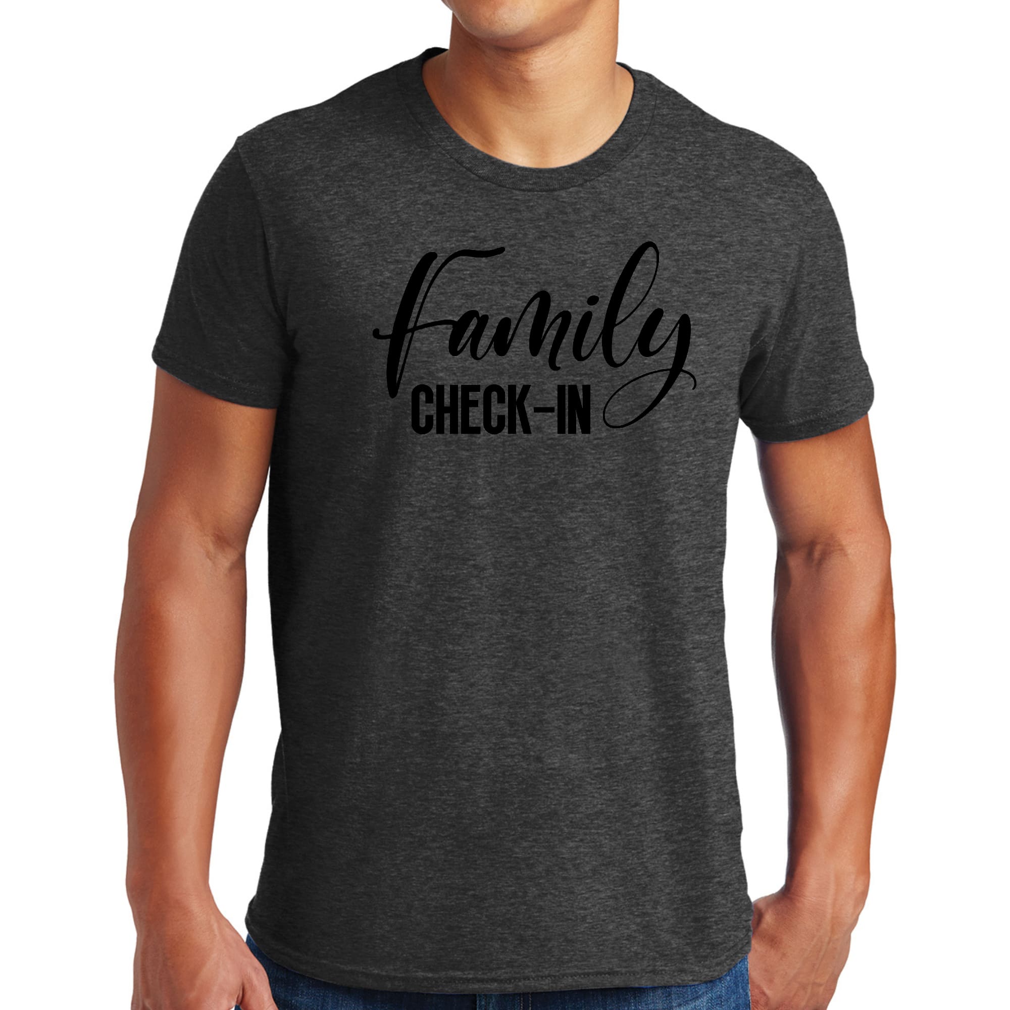 Mens Graphic T-shirt featuring Family Check-in illustration in black, made from soft preshrunk cotton, available in sizes S-5XL.