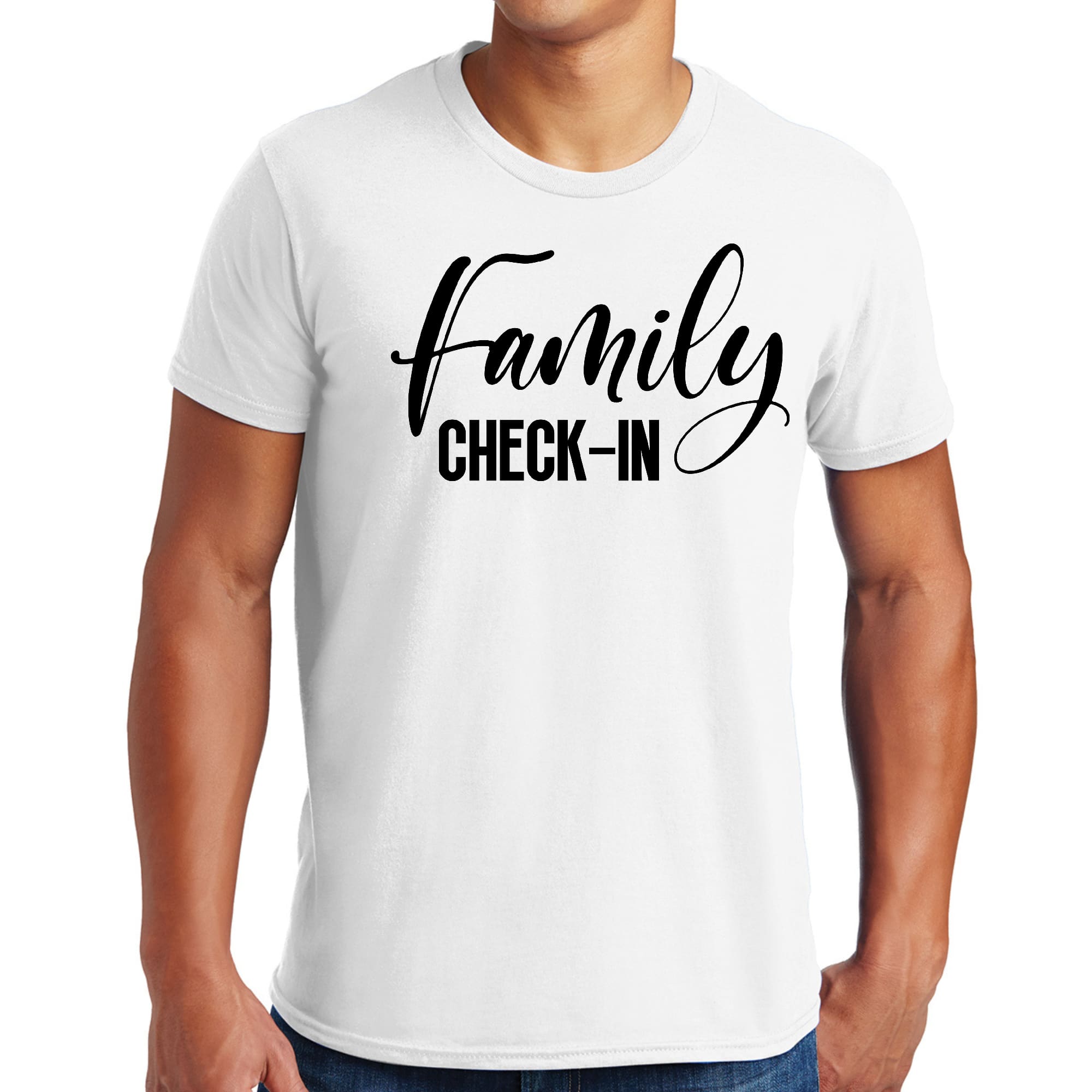 Mens Graphic T-shirt featuring Family Check-in illustration in black, made from soft preshrunk cotton, available in sizes S-5XL.