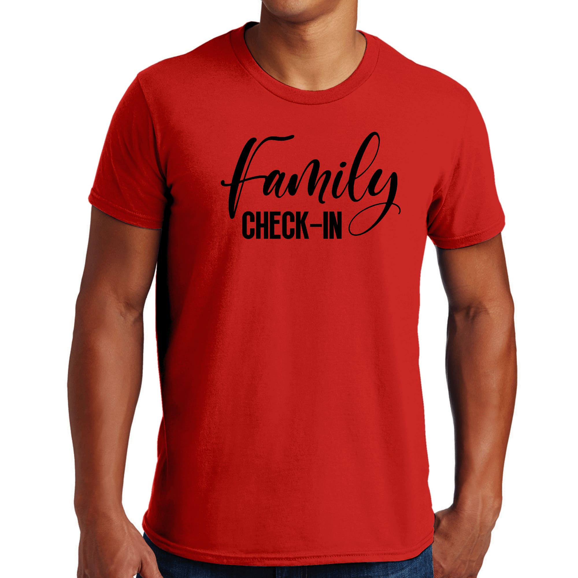 Mens Graphic T-shirt featuring Family Check-in illustration in black, made from soft preshrunk cotton, available in sizes S-5XL.