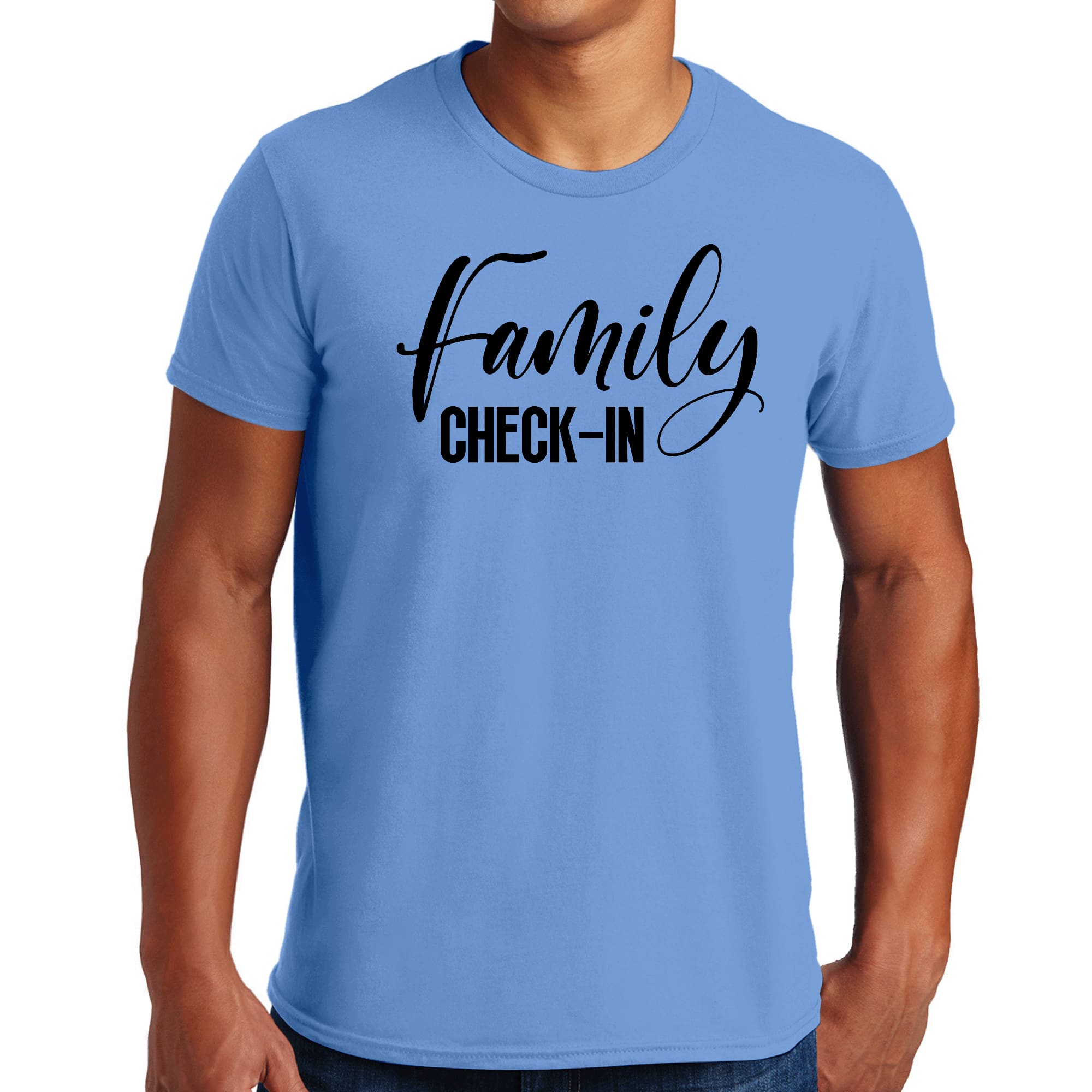 Mens Graphic T-shirt featuring Family Check-in illustration in black, made from soft preshrunk cotton, available in sizes S-5XL.