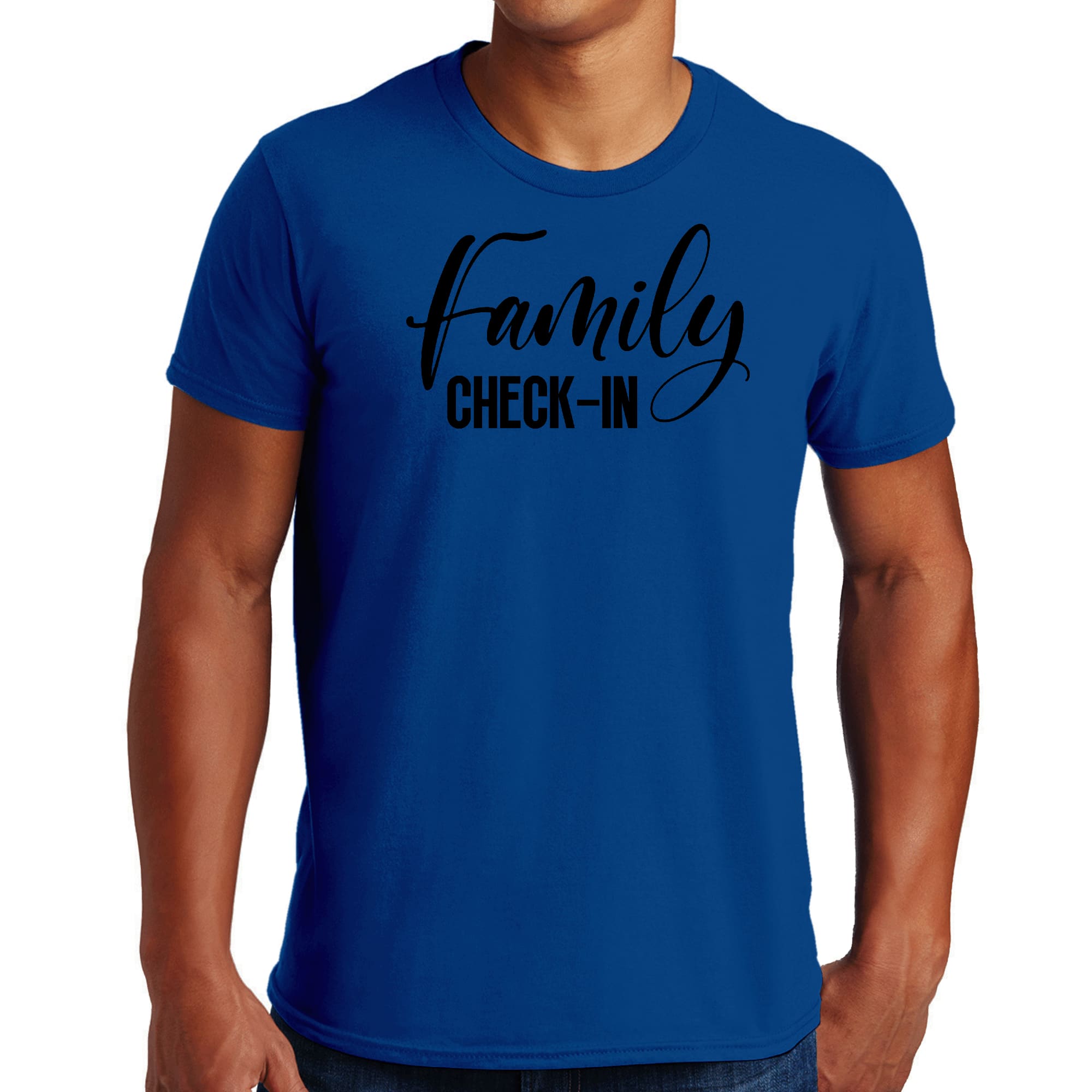 Mens Graphic T-shirt featuring Family Check-in illustration in black, made from soft preshrunk cotton, available in sizes S-5XL.