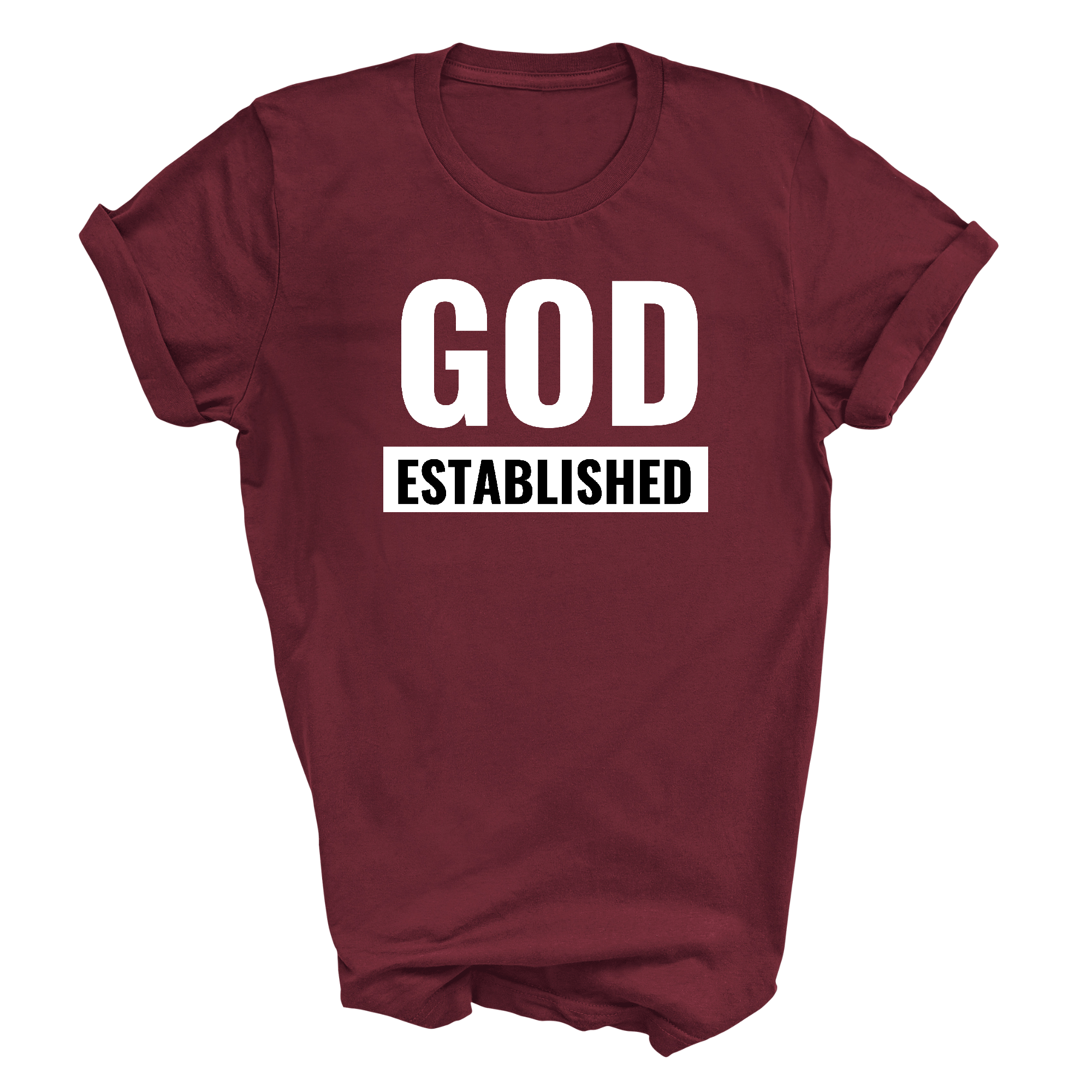 Men's Graphic T-shirt in black featuring 'God Established' white illustration, made from soft preshrunk cotton.