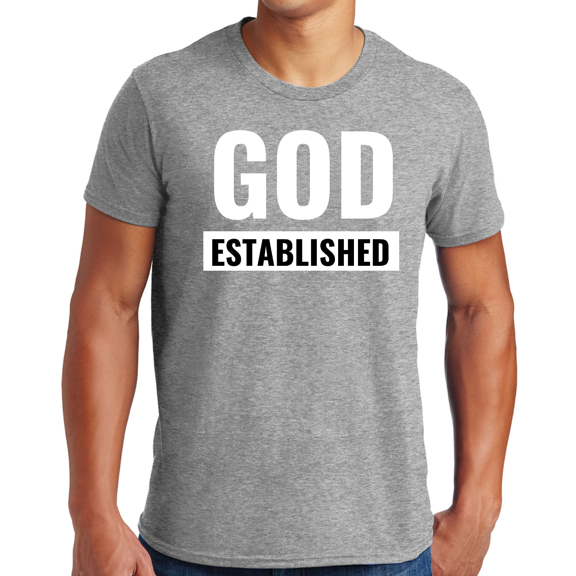 Men's Graphic T-shirt in black featuring 'God Established' white illustration, made from soft preshrunk cotton.