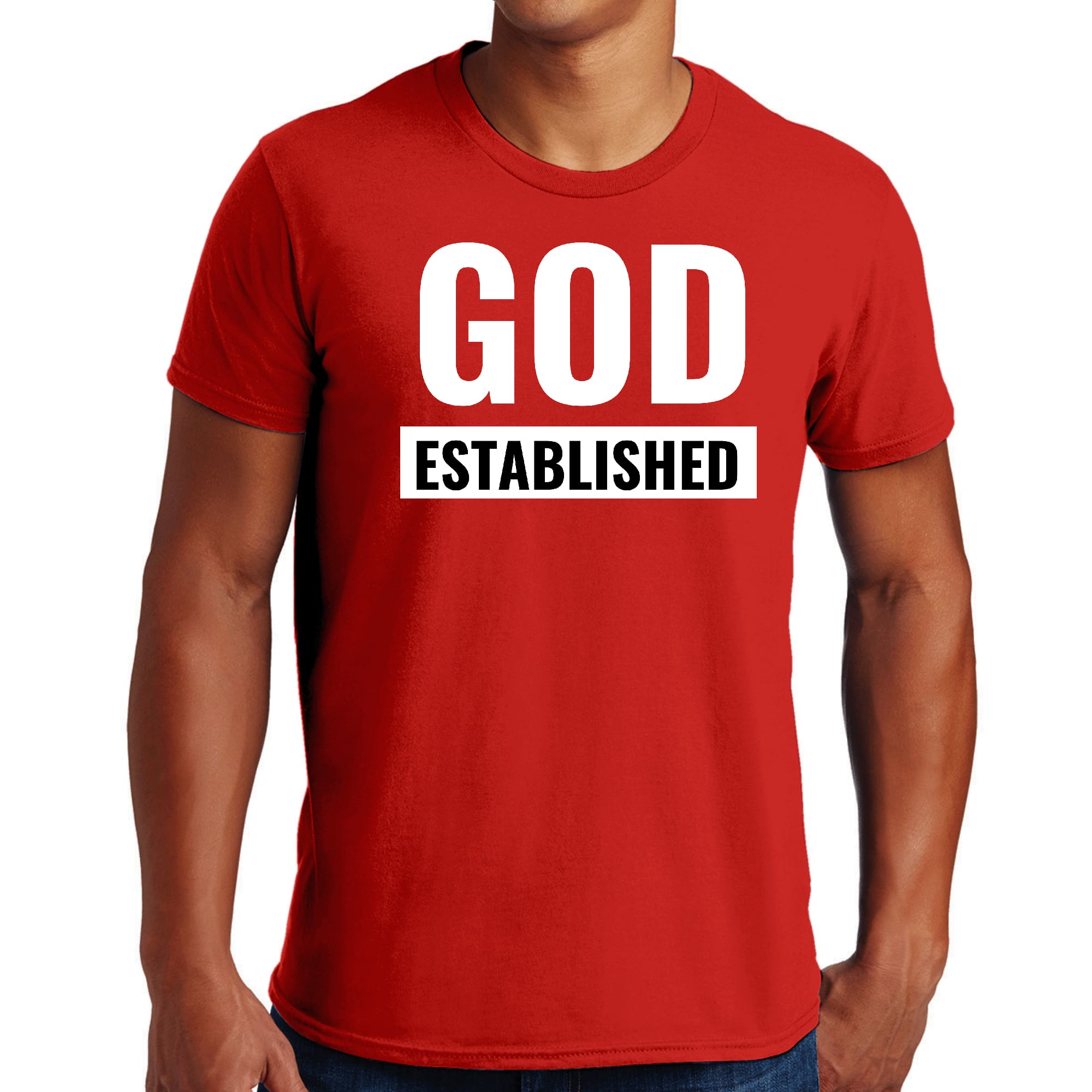 Men's Graphic T-shirt in black featuring 'God Established' white illustration, made from soft preshrunk cotton.