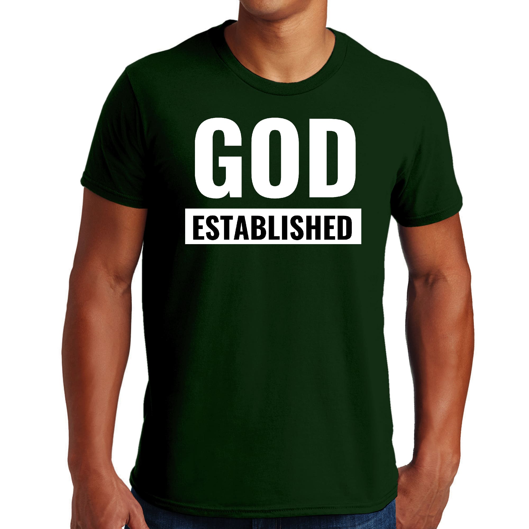 Men's Graphic T-shirt in black featuring 'God Established' white illustration, made from soft preshrunk cotton.