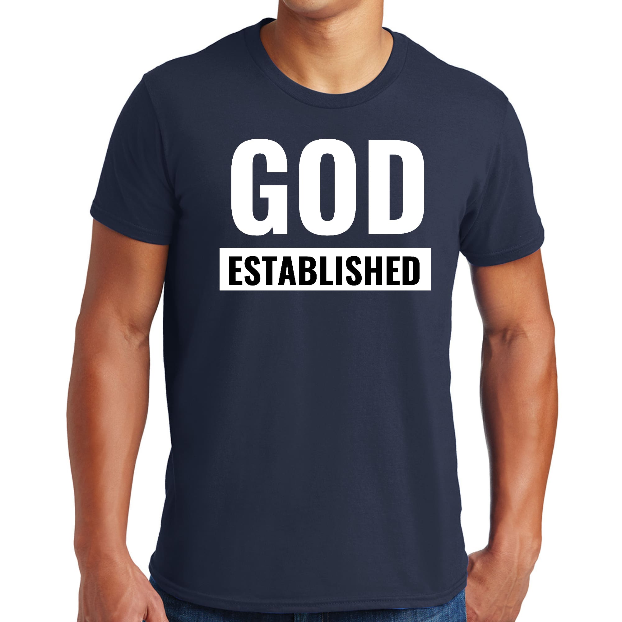 Men's Graphic T-shirt in black featuring 'God Established' white illustration, made from soft preshrunk cotton.