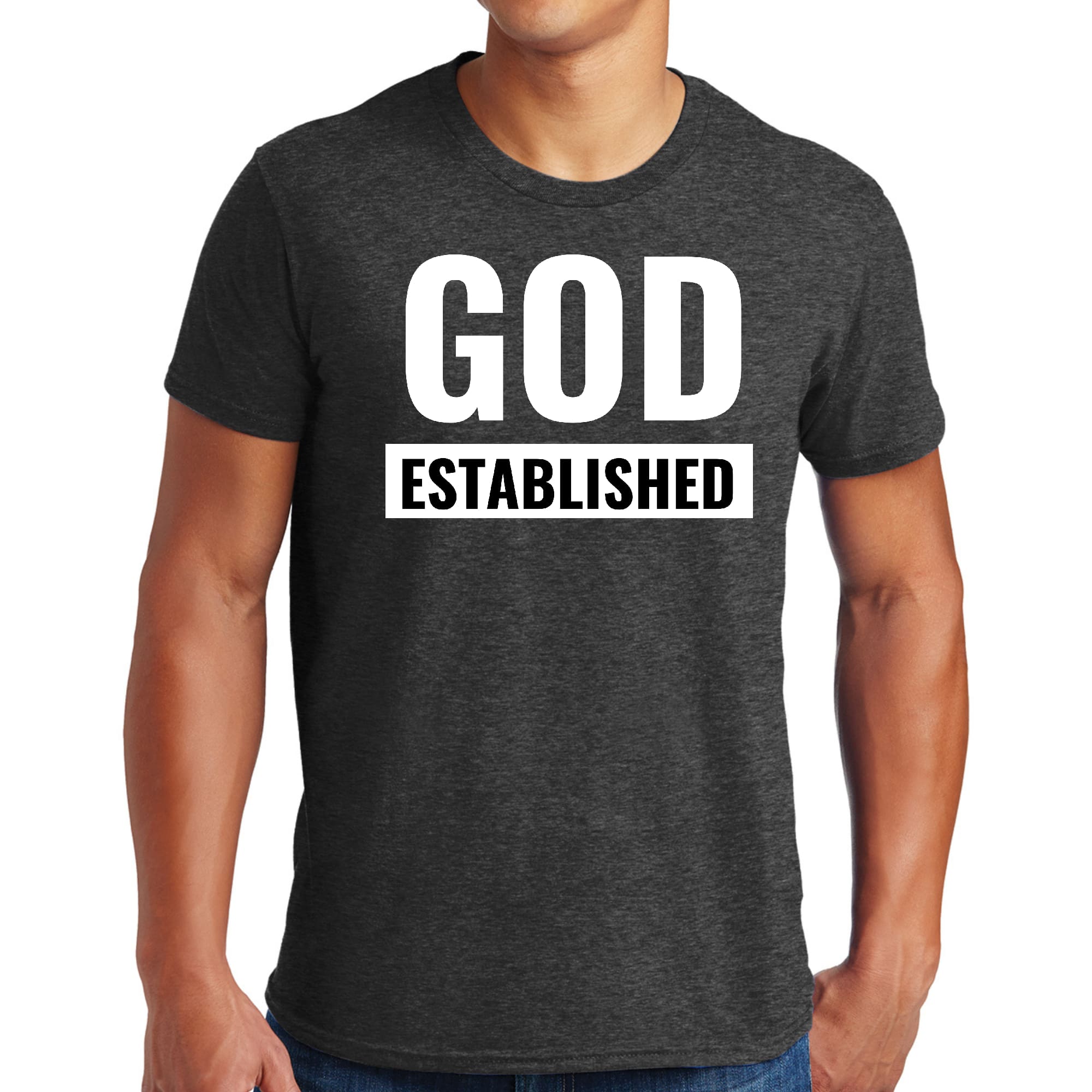 Men's Graphic T-shirt in black featuring 'God Established' white illustration, made from soft preshrunk cotton.