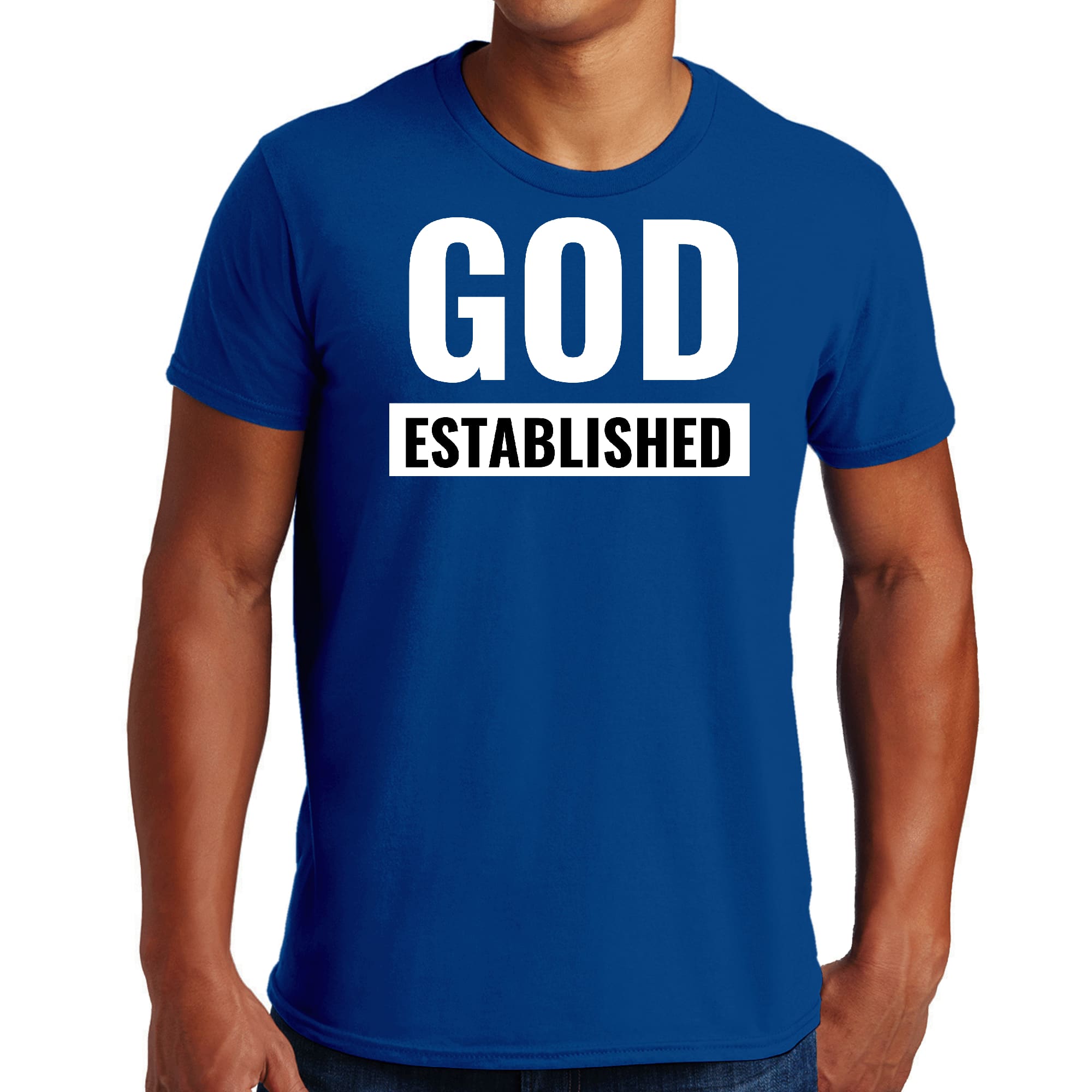 Men's Graphic T-shirt in black featuring 'God Established' white illustration, made from soft preshrunk cotton.